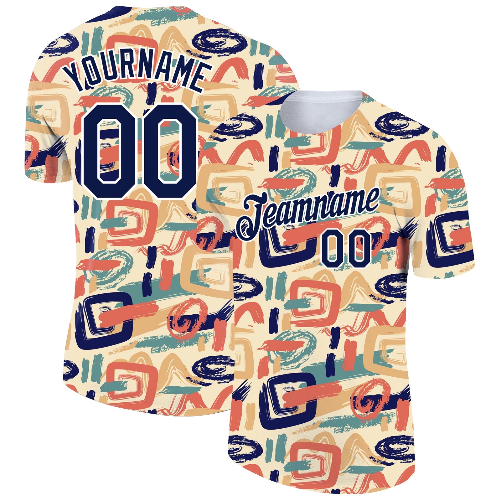 Custom City Cream Navy-White 3D Pattern Design Abstract Doodle Performance T-Shirt - Main View