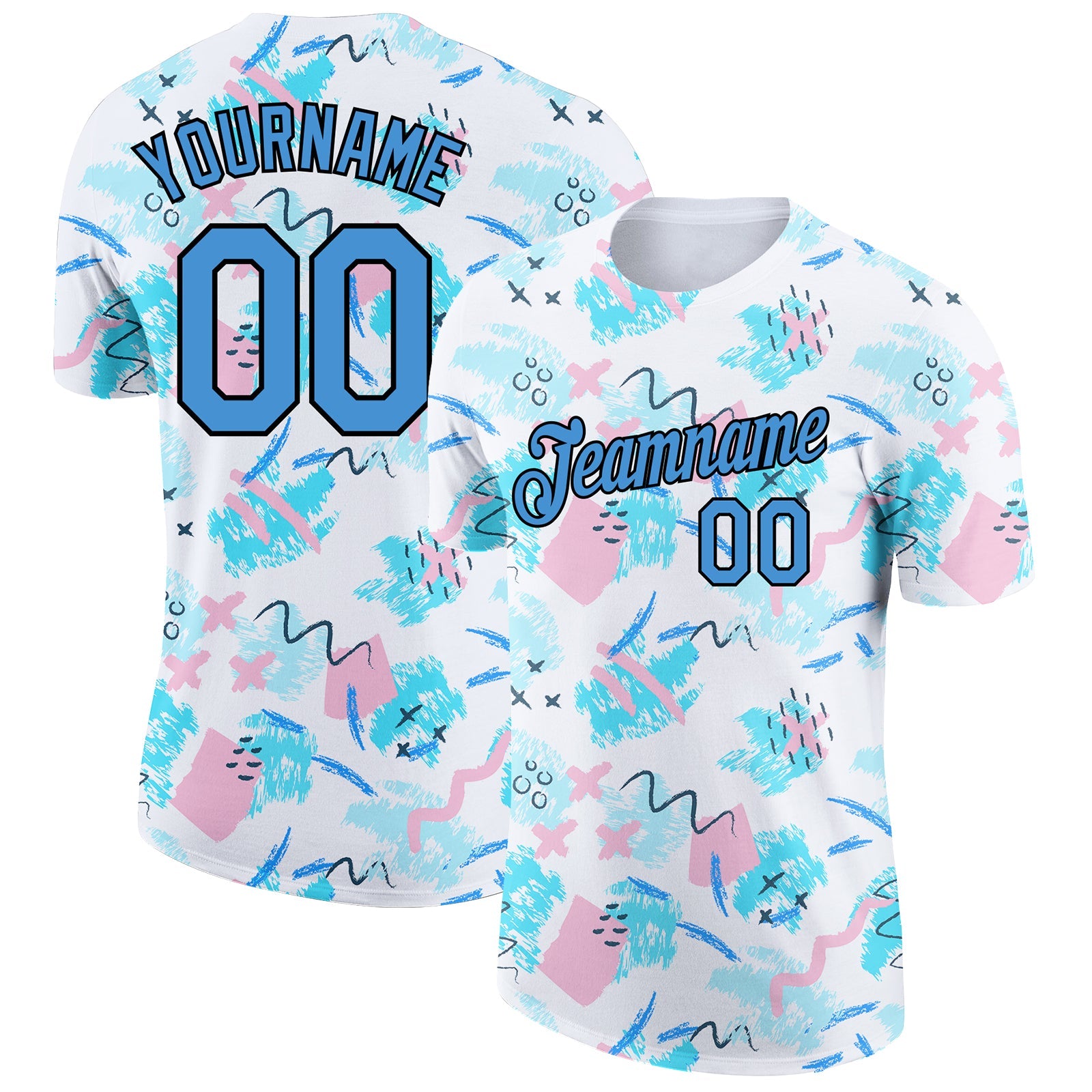 Custom White Powder Blue-Black 3D Pattern Design Abstract Doodle Performance T-Shirt - Main View