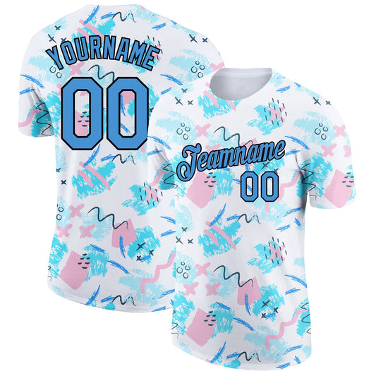 Custom White Powder Blue-Black 3D Pattern Design Abstract Doodle Performance T-Shirt - Main View