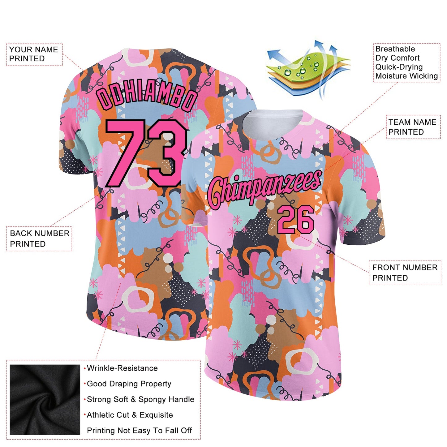 Custom Pink Black 3D Pattern Design Abstract Doodle Performance T-Shirt view 2