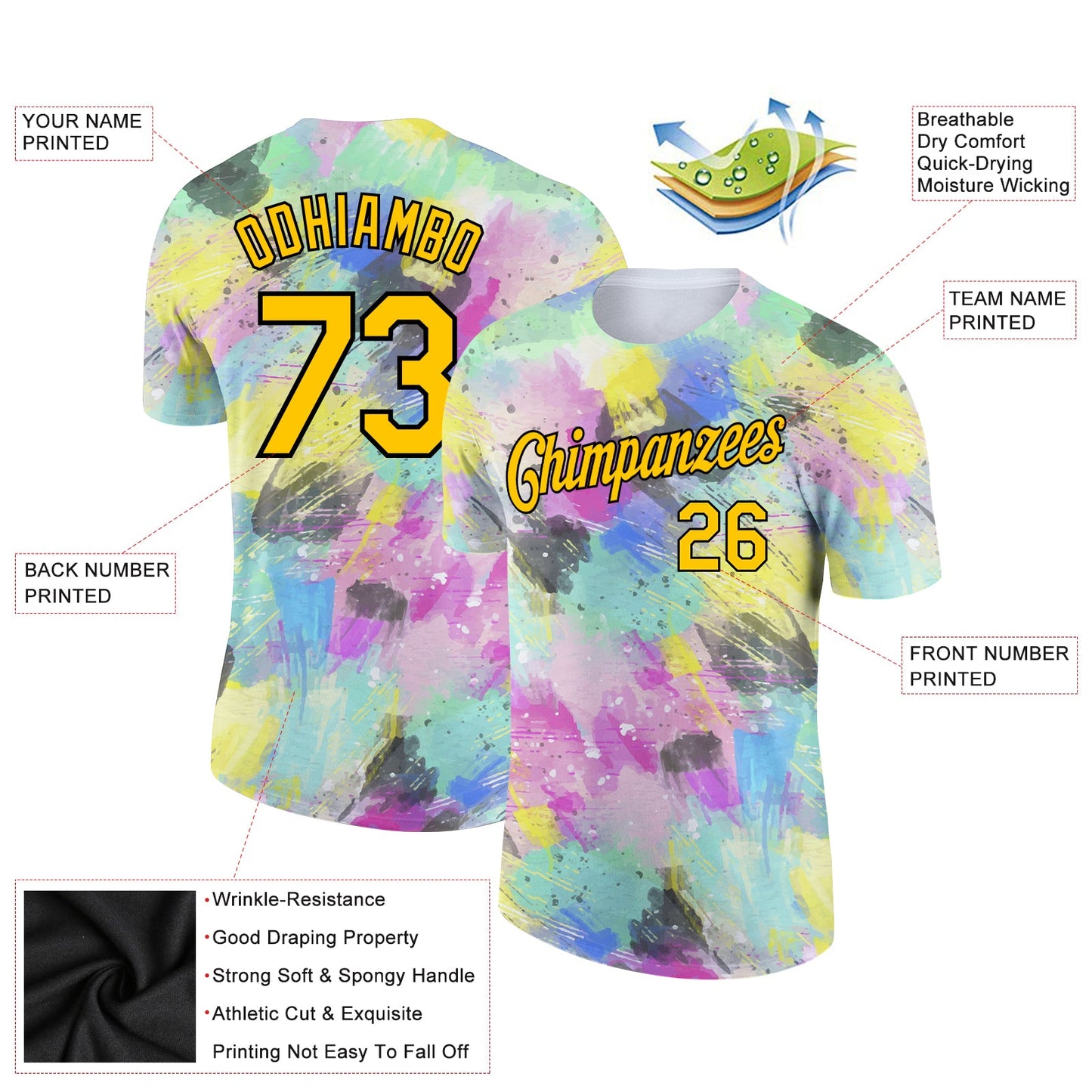Custom White Yellow-Black 3D Pattern Design Abstract Doodle Performance T-Shirt view 2