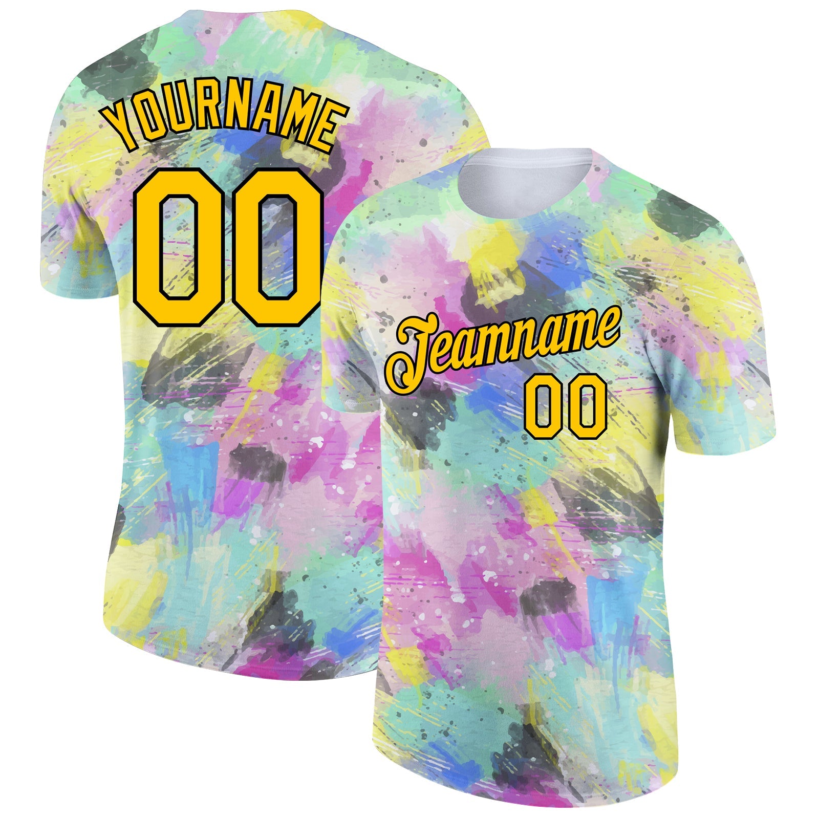 Custom White Yellow-Black 3D Pattern Design Abstract Doodle Performance T-Shirt - Main View