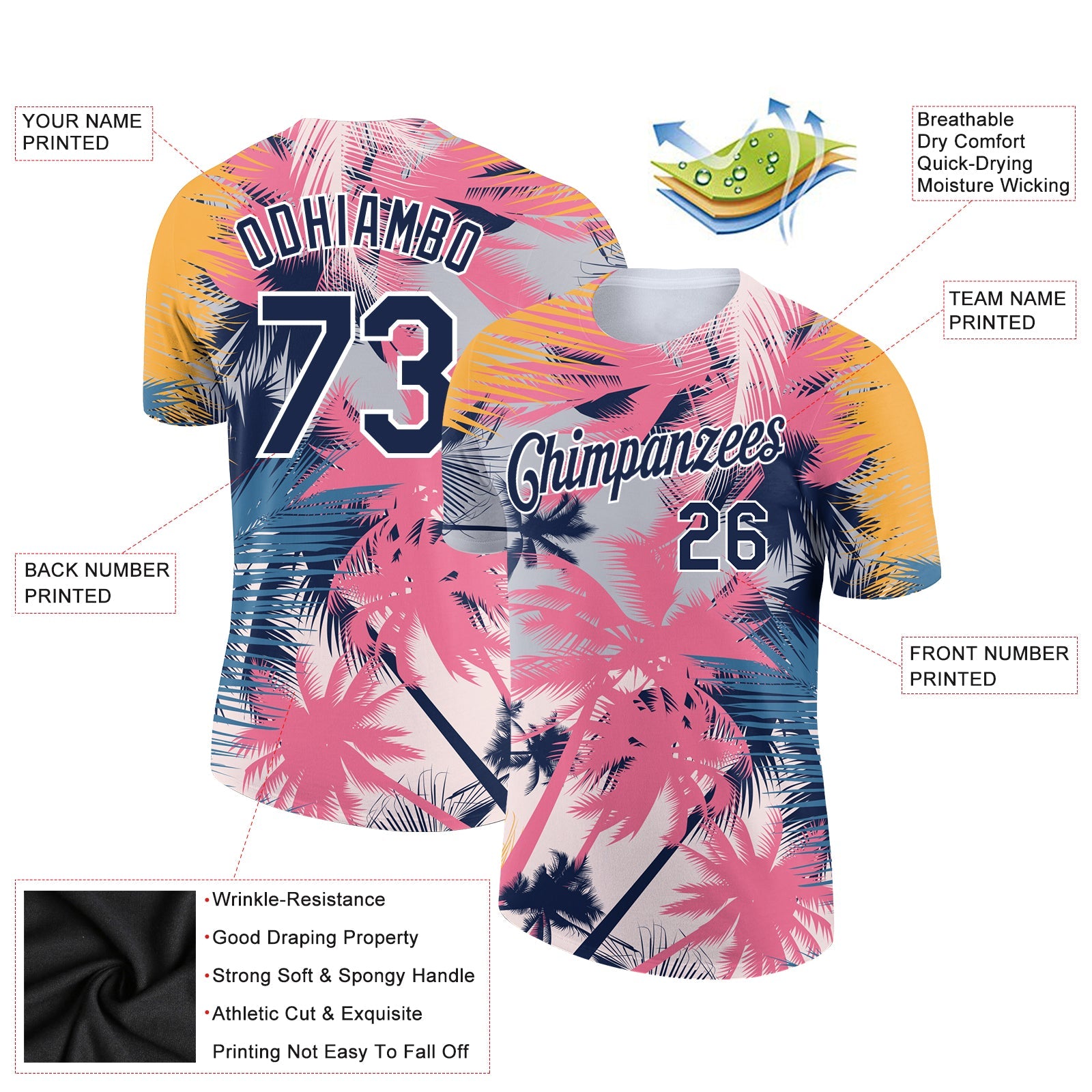 Custom White Navy 3D Pattern Design Hawaii Palm Trees Performance T-Shirt view 2