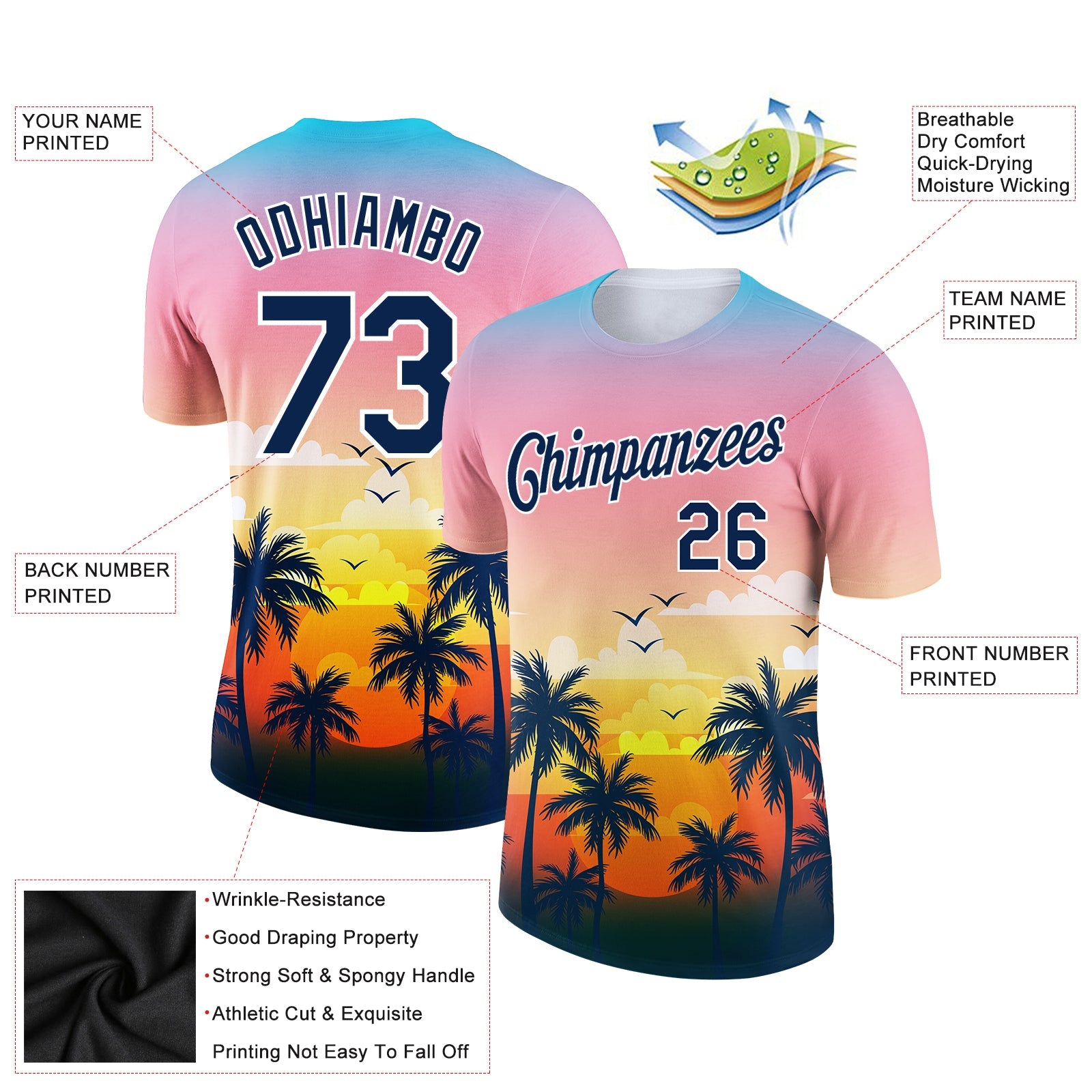 Custom Pink Navy-White 3D Pattern Design Hawaii Palm Trees Performance T-Shirt view 2
