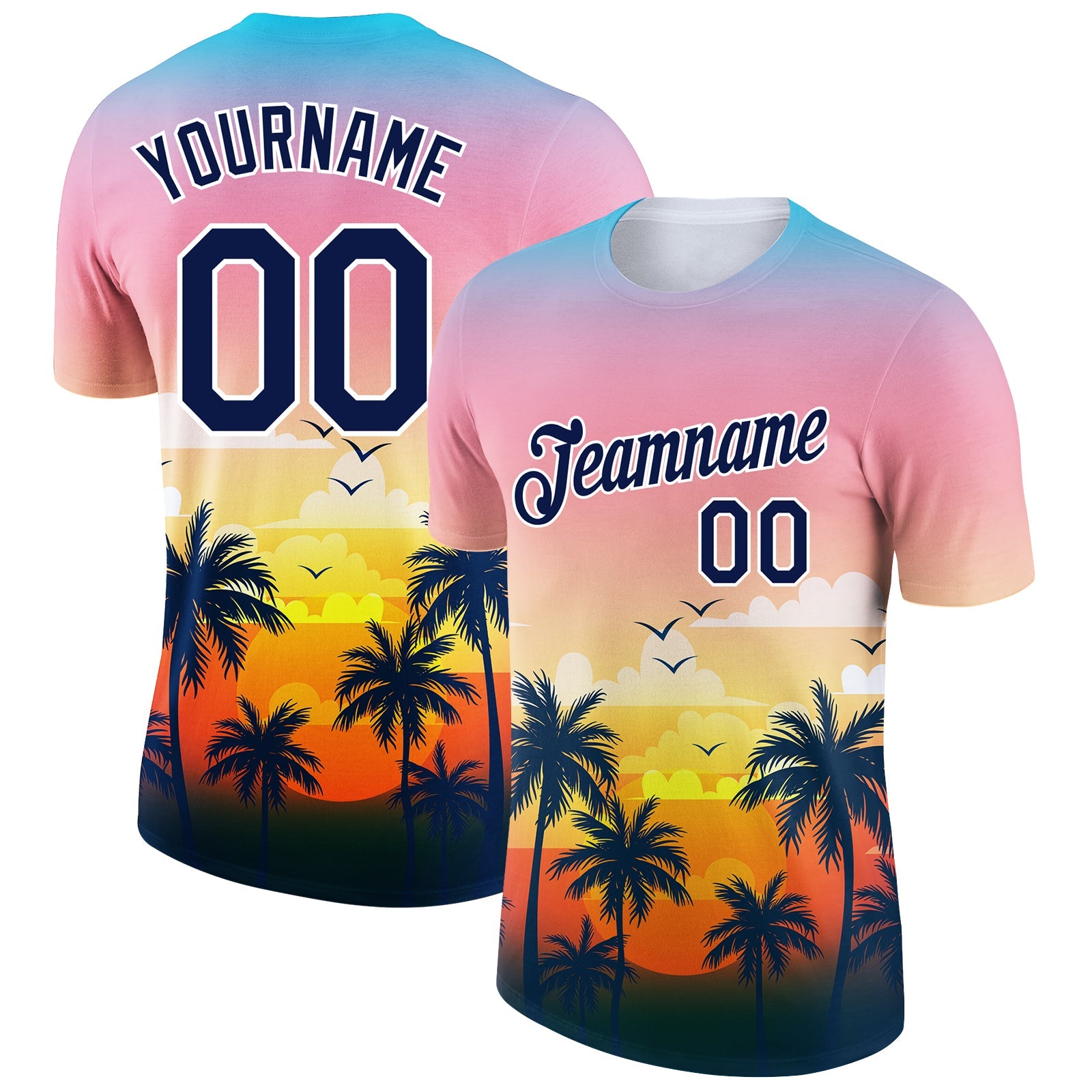 Custom Pink Navy-White 3D Pattern Design Hawaii Palm Trees Performance T-Shirt - Main View