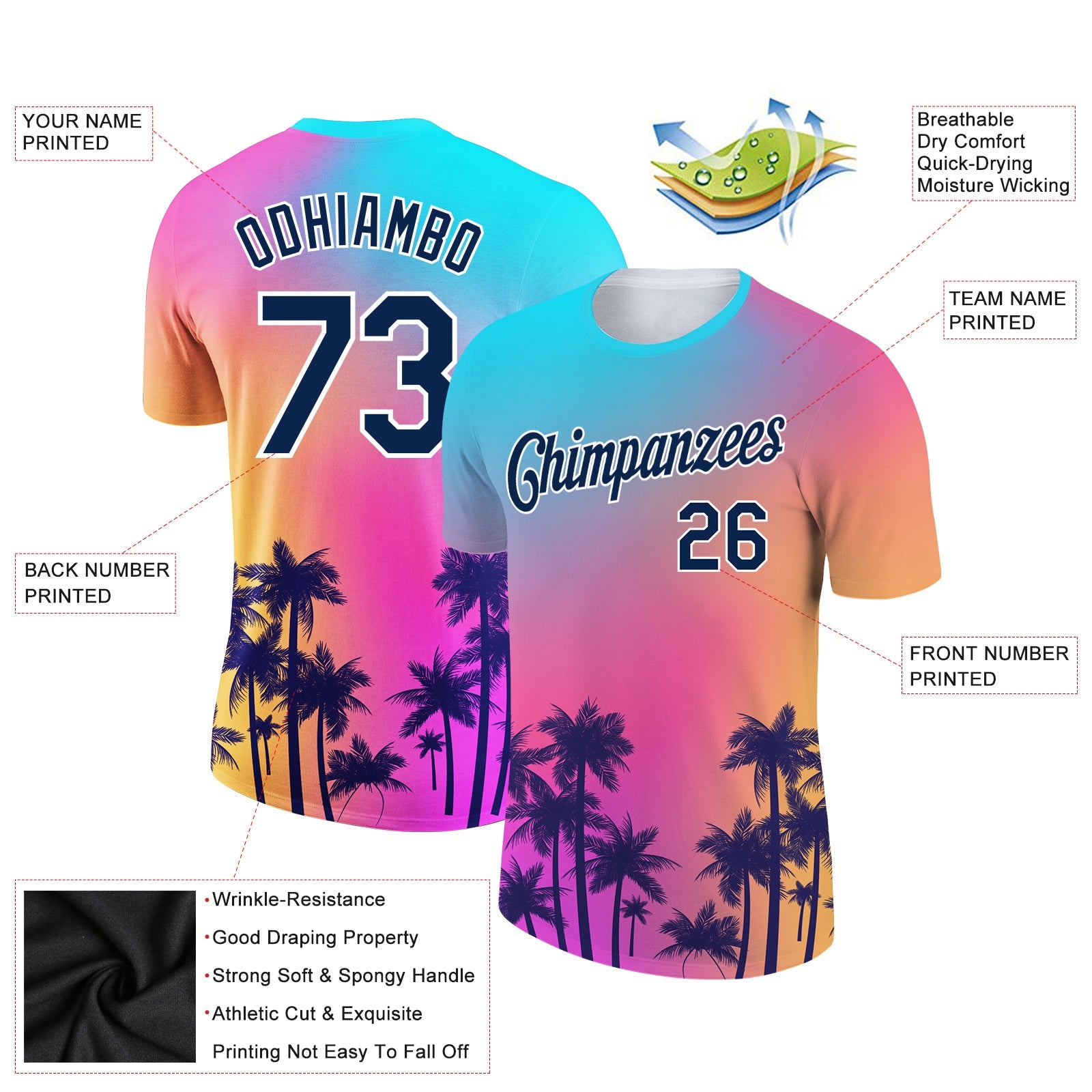 Custom Purple Navy-White 3D Pattern Design Hawaii Palm Trees Performance T-Shirt view 2