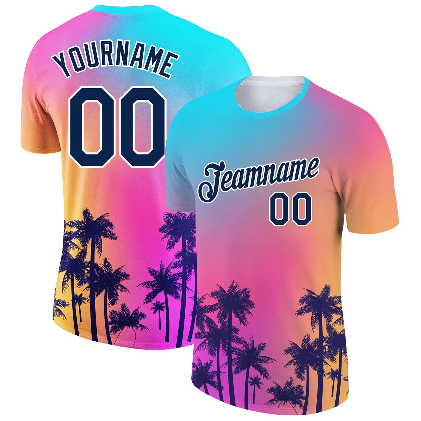 Custom Purple Navy-White 3D Pattern Design Hawaii Palm Trees Performance T-Shirt - Main View