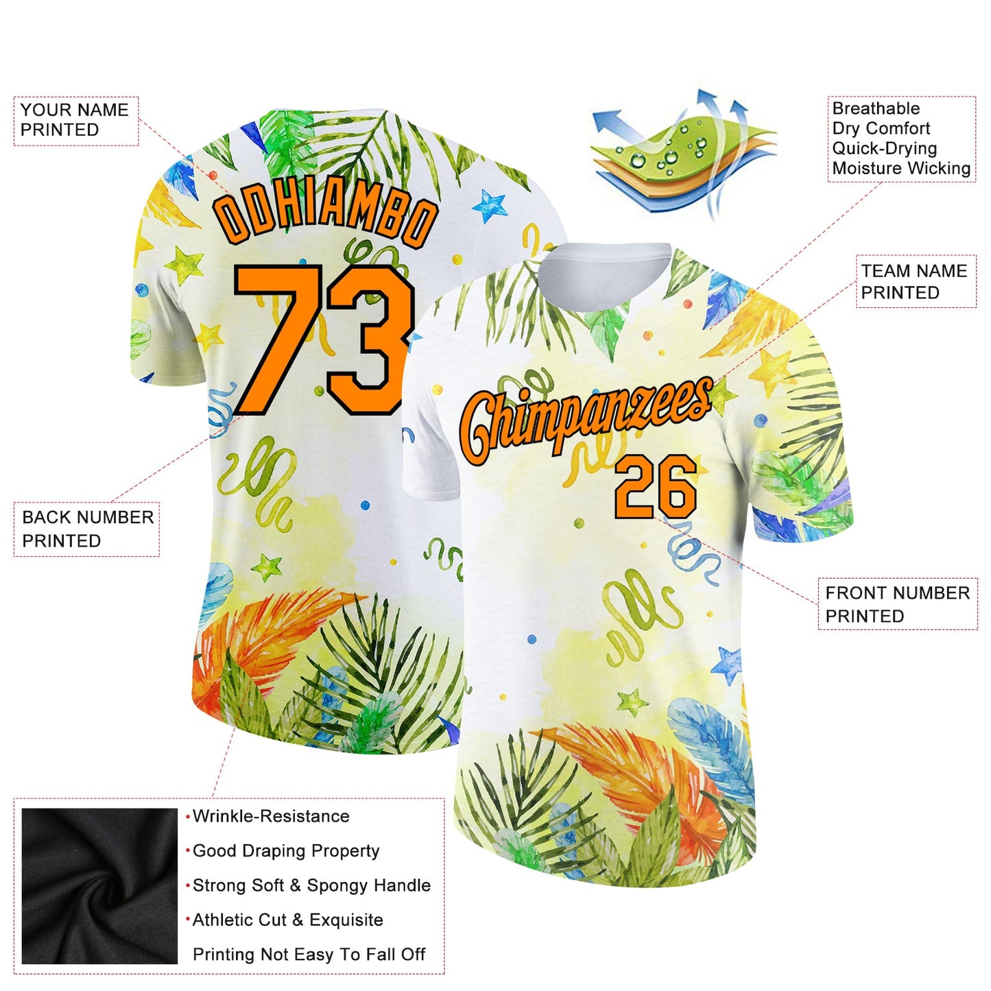 Custom White Bay Orange-Black 3D Pattern Design Hawaii Palm Leaves Performance T-Shirt view 2