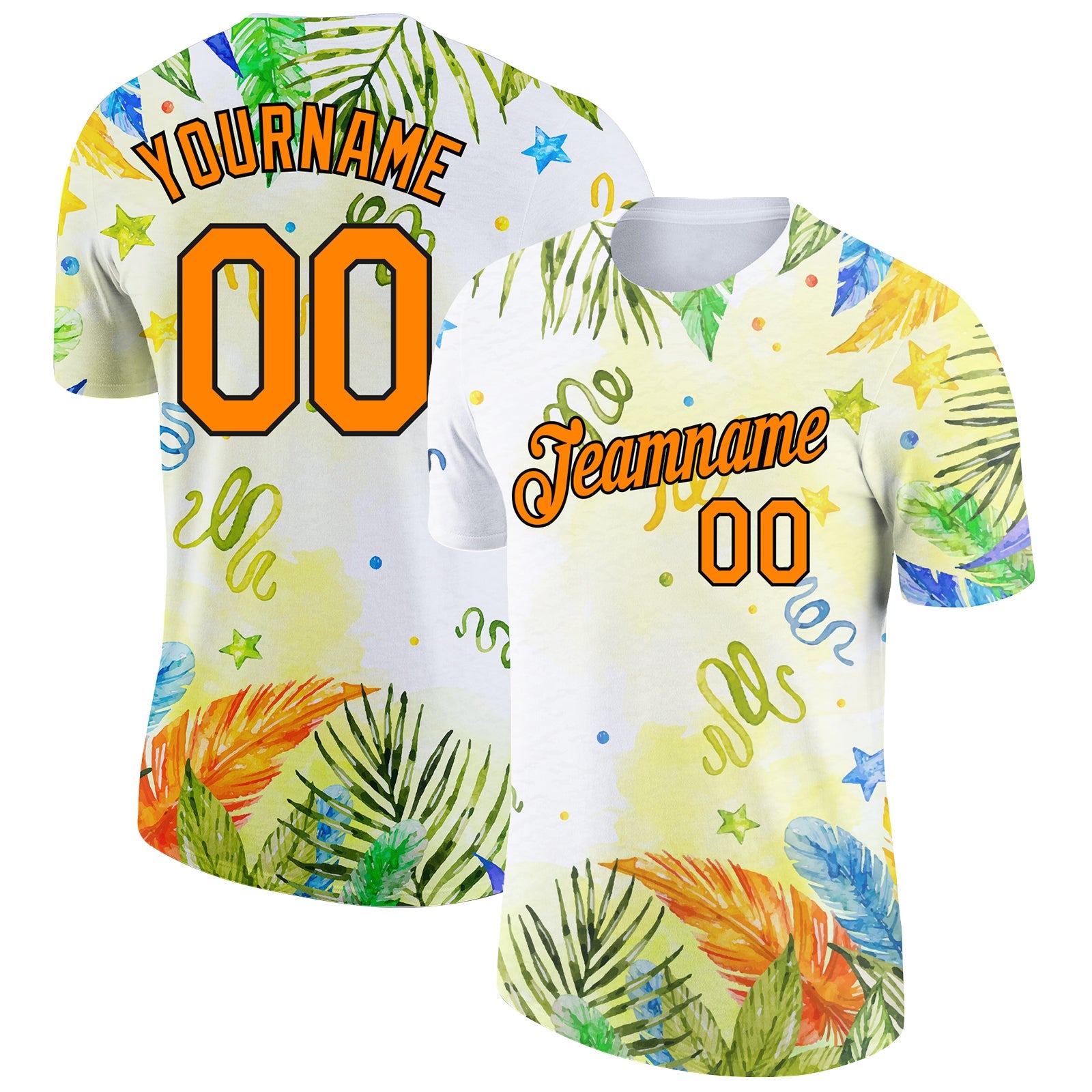 Custom White Bay Orange-Black 3D Pattern Design Hawaii Palm Leaves Performance T-Shirt - Main View