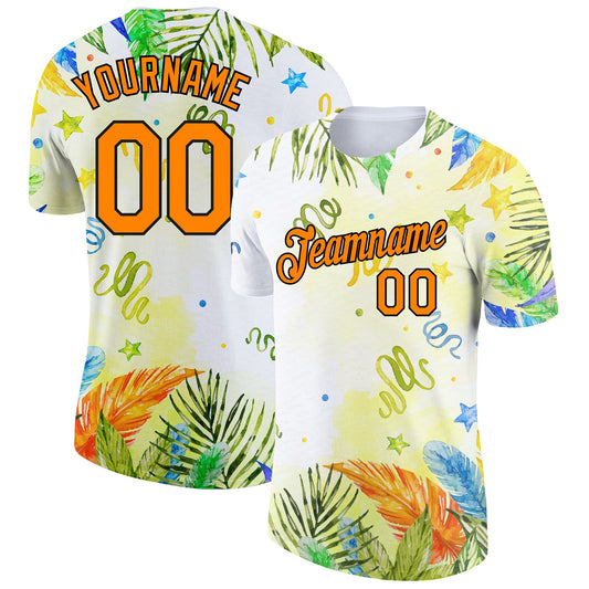 Custom White Bay Orange-Black 3D Pattern Design Hawaii Palm Leaves Performance T-Shirt - Main View