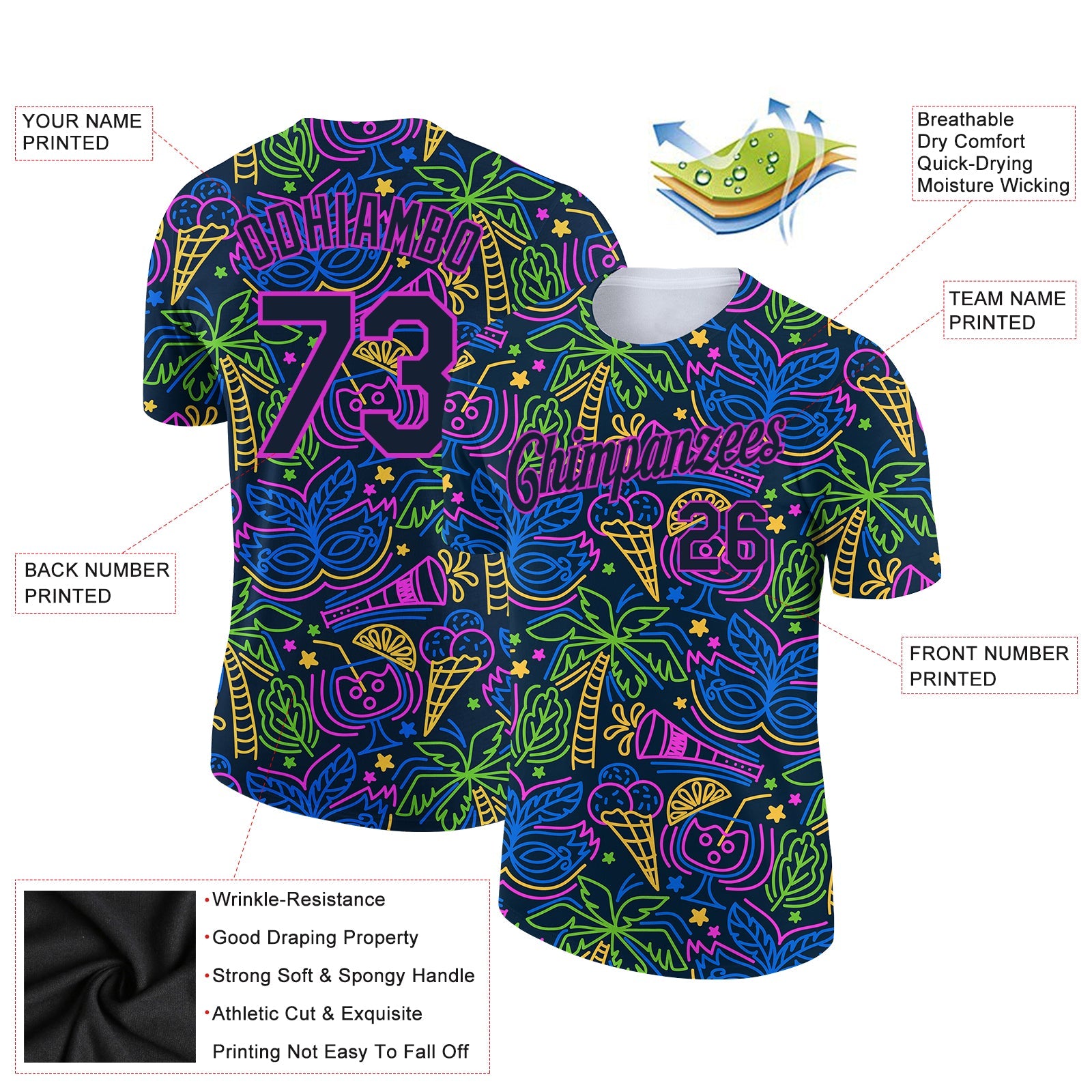Custom Navy Purple 3D Pattern Design Hawaii Summer Holiday Party Performance T-Shirt view 3
