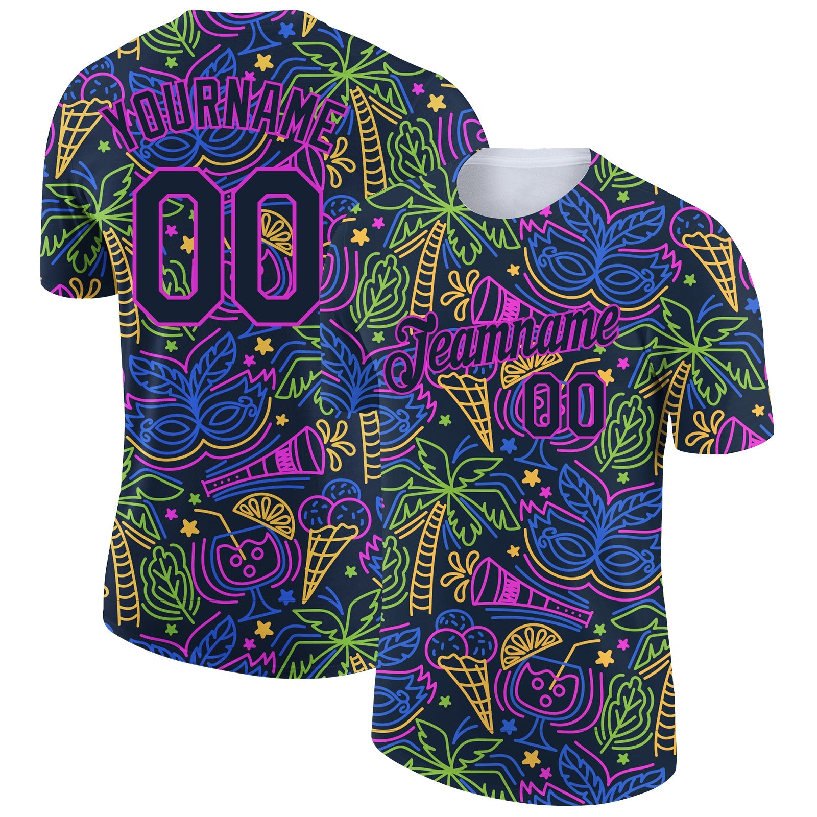 Custom Navy Purple 3D Pattern Design Hawaii Summer Holiday Party Performance T-Shirt - Main View
