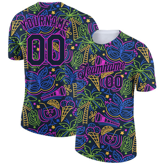 Custom Navy Purple 3D Pattern Design Hawaii Summer Holiday Party Performance T-Shirt - Main View