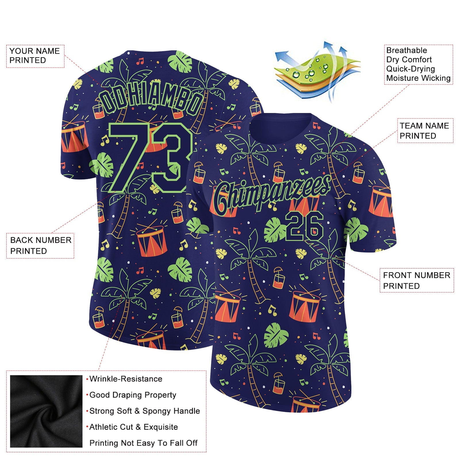 Custom Navy Pea Green 3D Pattern Design Hawaii Summer Holiday Party Performance T-Shirt view 2