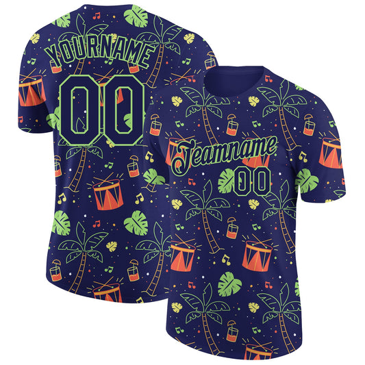 Custom Navy Pea Green 3D Pattern Design Hawaii Summer Holiday Party Performance T-Shirt - Main View