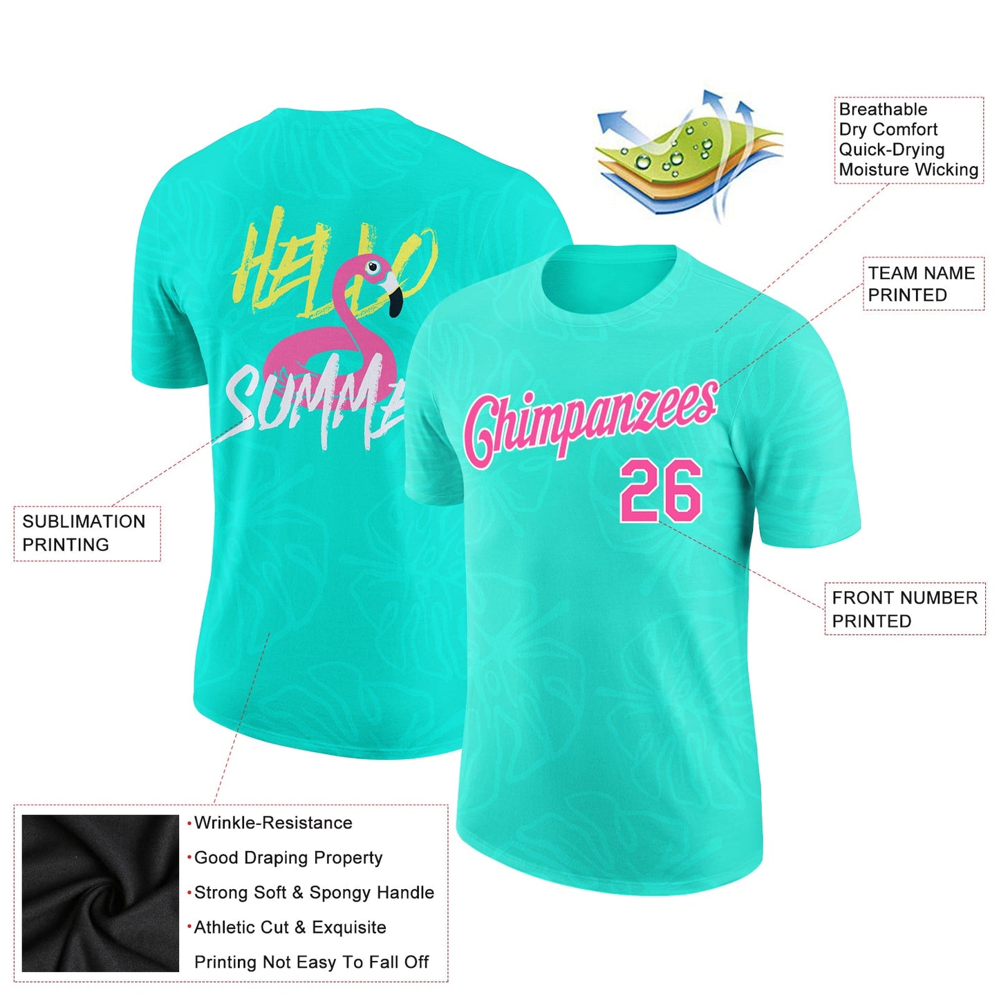 Custom Aqua Pink-White 3D Pattern Design Summer Holiday Hawaii Palm Leaves Performance T-Shirt view 2