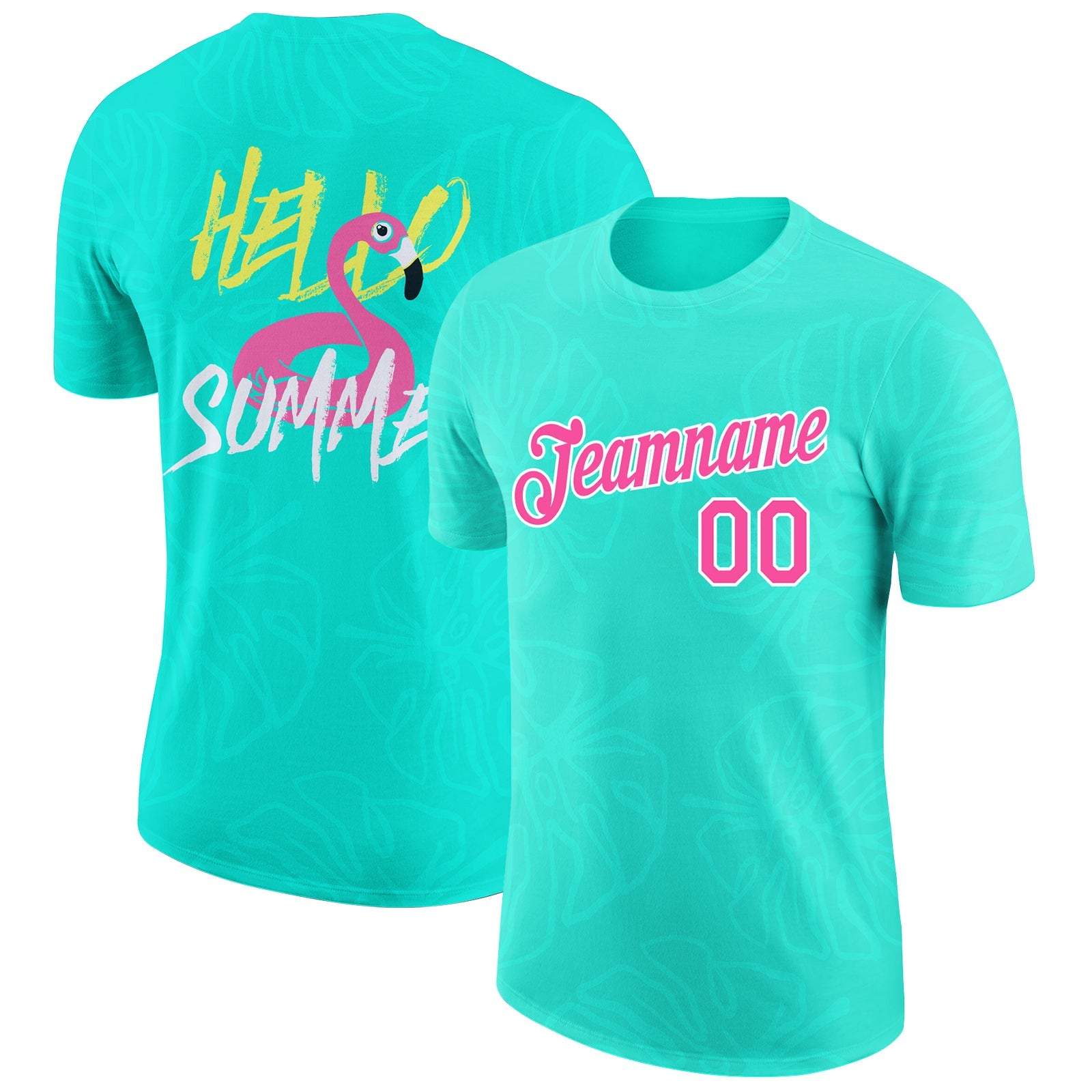 Custom Aqua Pink-White 3D Pattern Design Summer Holiday Hawaii Palm Leaves Performance T-Shirt - Main View