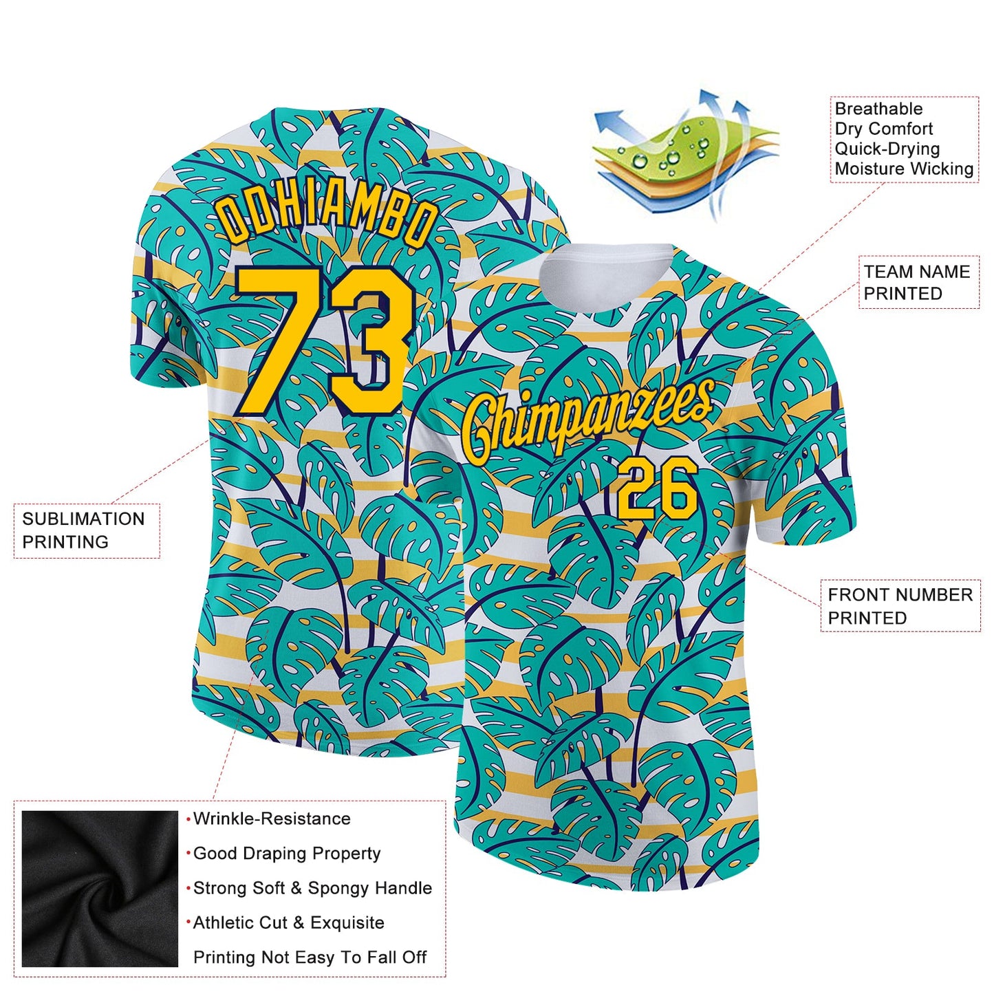 Custom White Yellow-Navy 3D Pattern Design Hawaii Palm Leaves Performance T-Shirt view 2
