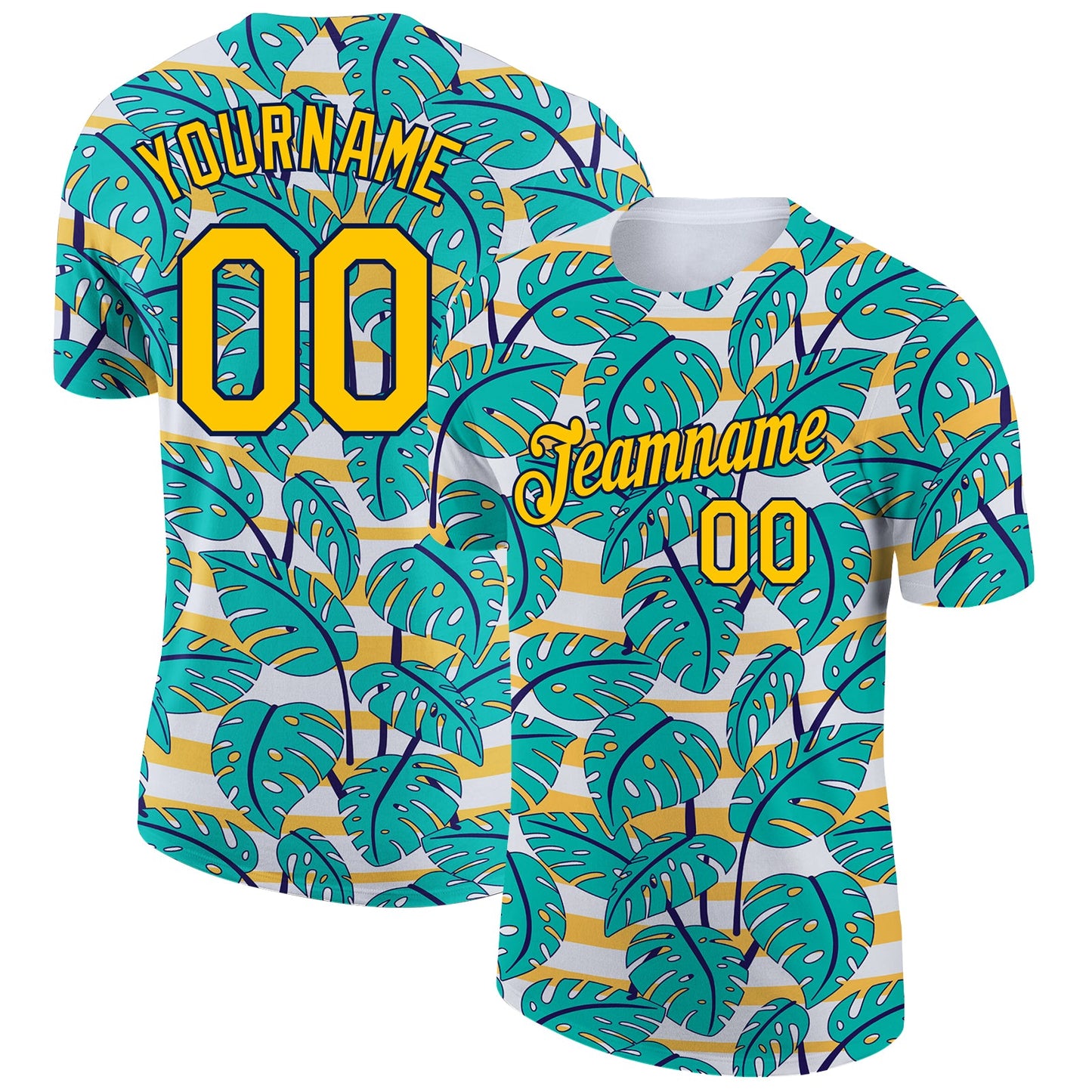 Custom White Yellow-Navy 3D Pattern Design Hawaii Palm Leaves Performance T-Shirt - Main View