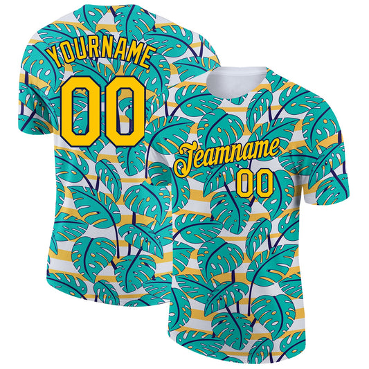 Custom White Yellow-Navy 3D Pattern Design Hawaii Palm Leaves Performance T-Shirt - Main View