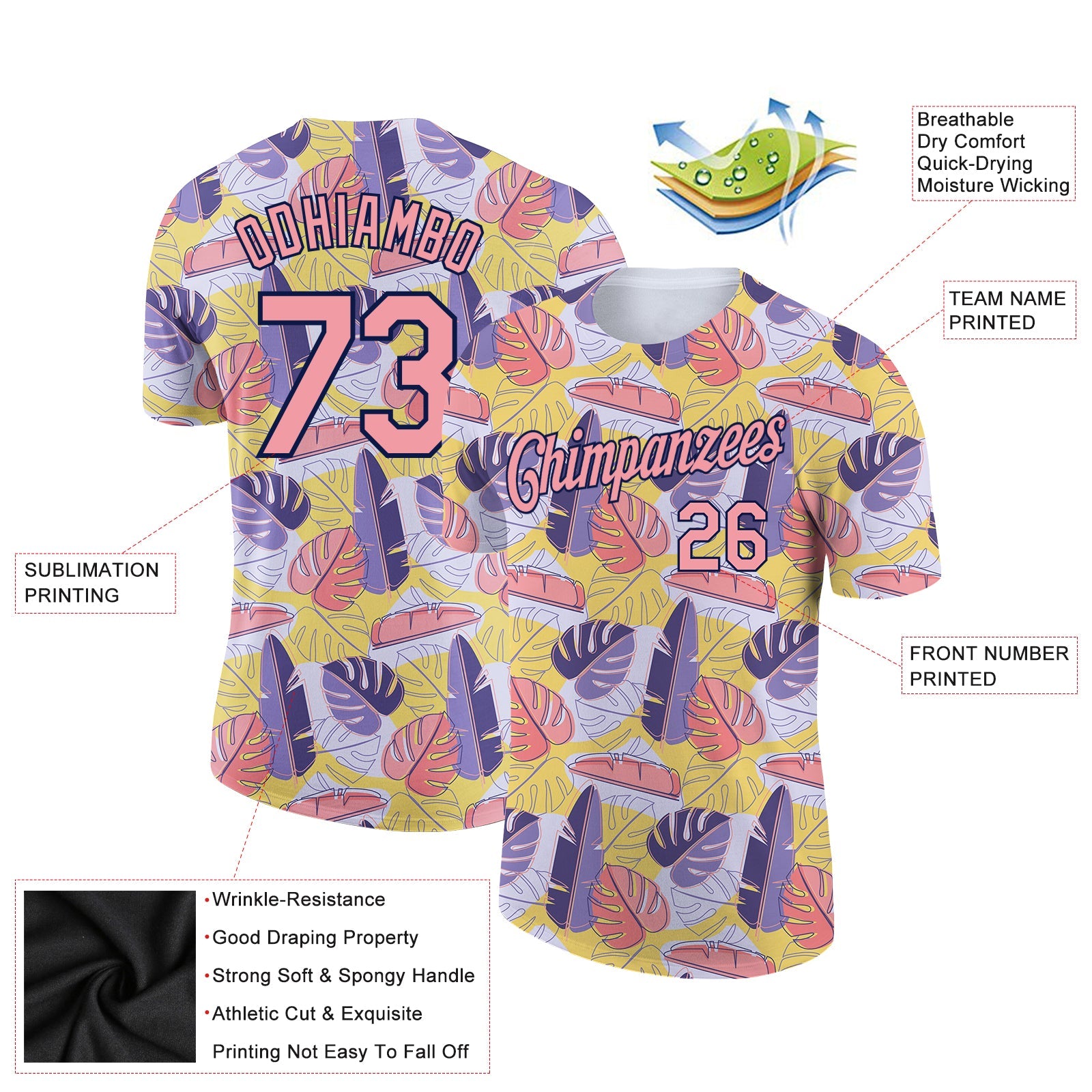 Custom White Medium Pink-Navy 3D Pattern Design Hawaii Palm Leaves Performance T-Shirt view 2