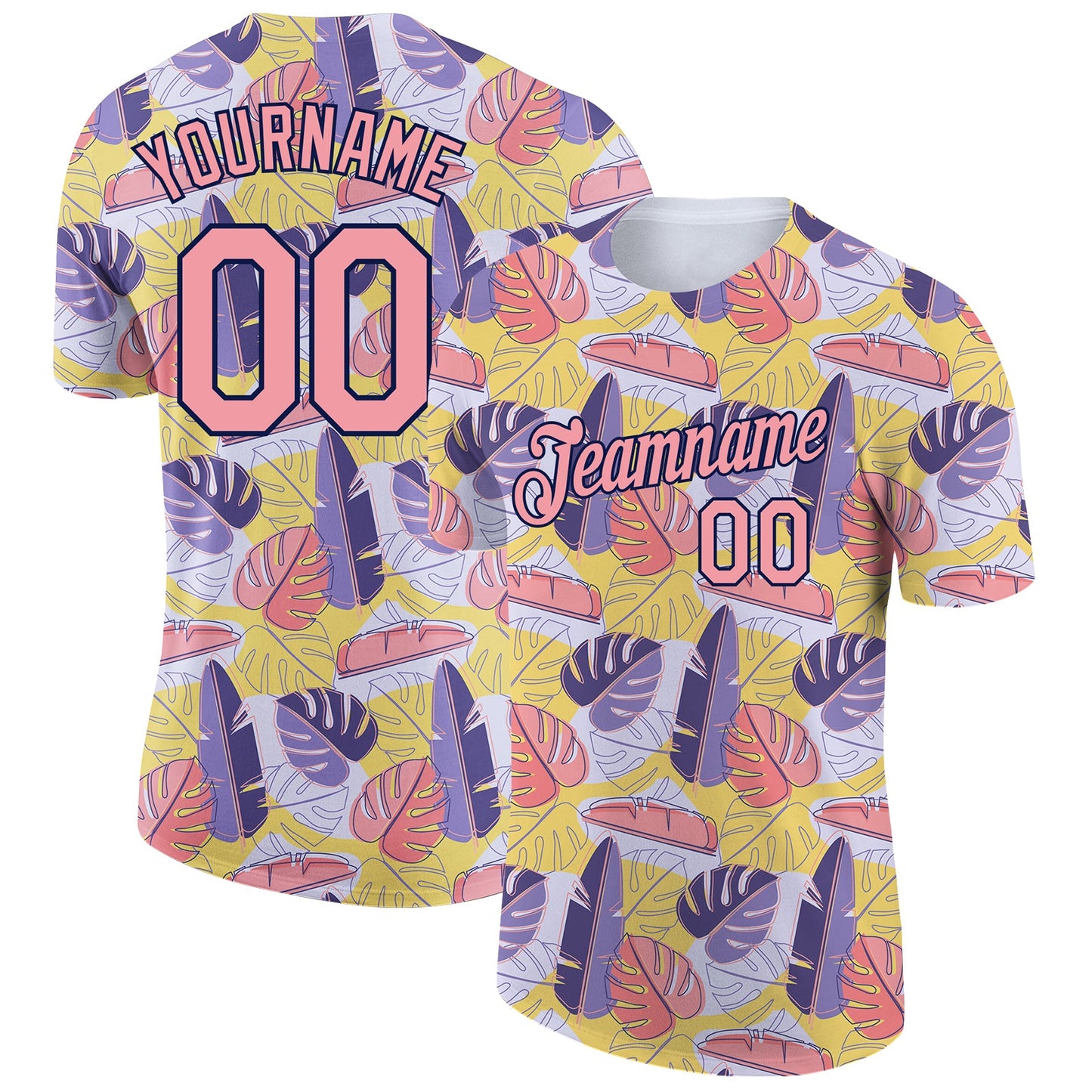 Custom White Medium Pink-Navy 3D Pattern Design Hawaii Palm Leaves Performance T-Shirt - Main View