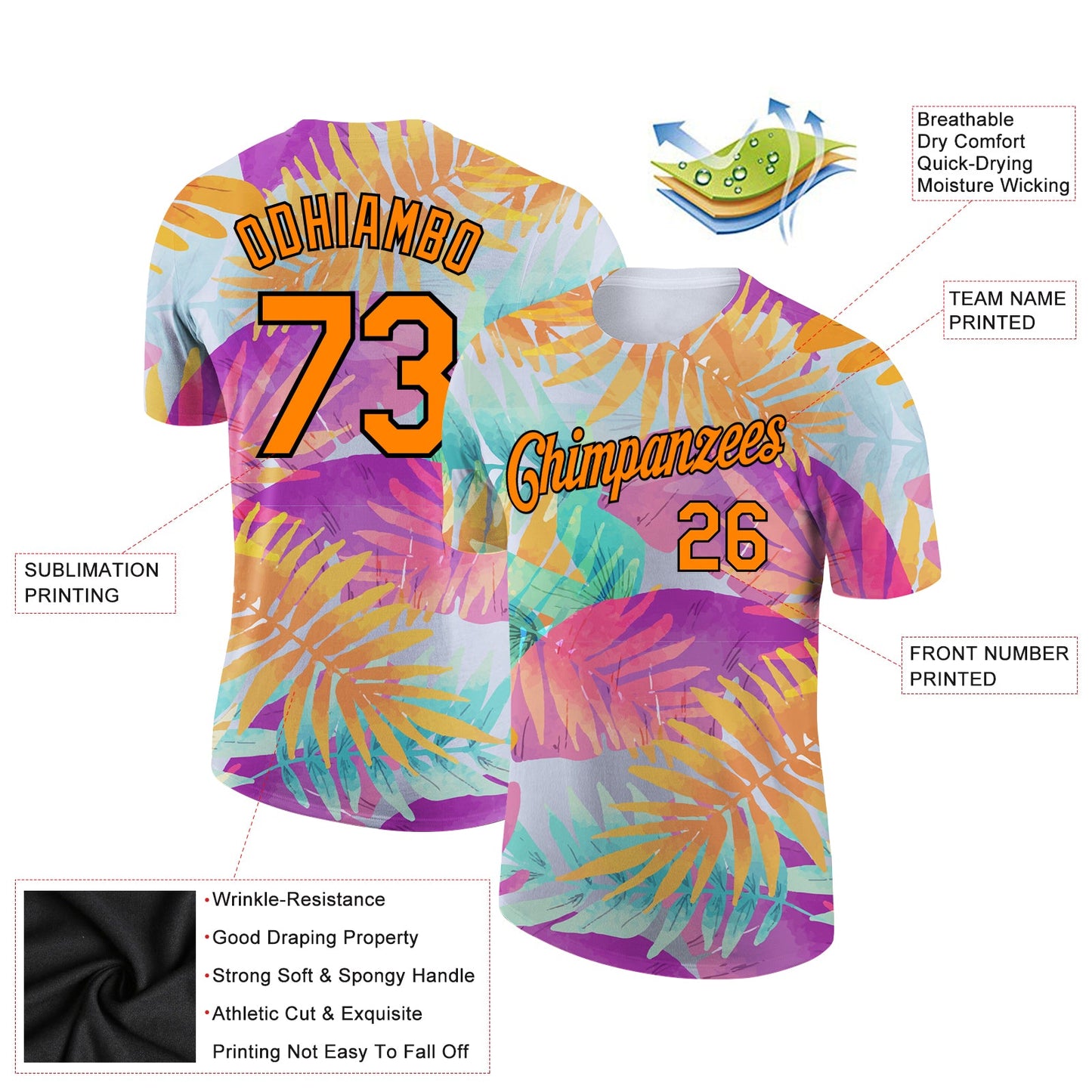 Custom White Bay Orange-Black 3D Pattern Design Hawaii Palm Leaves Performance T-Shirt view 2