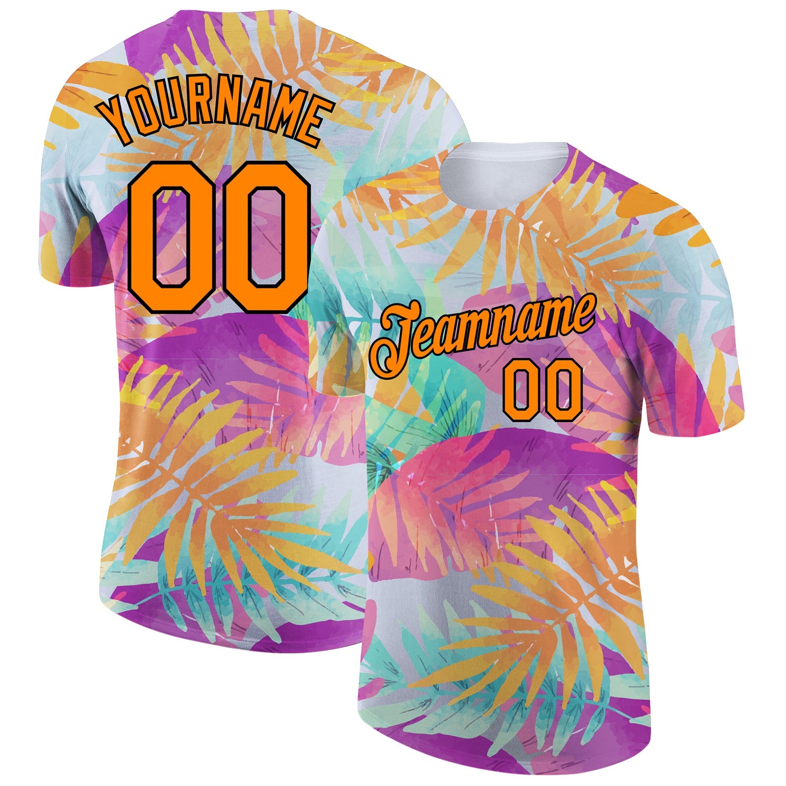 Custom White Bay Orange-Black 3D Pattern Design Hawaii Palm Leaves Performance T-Shirt - Main View