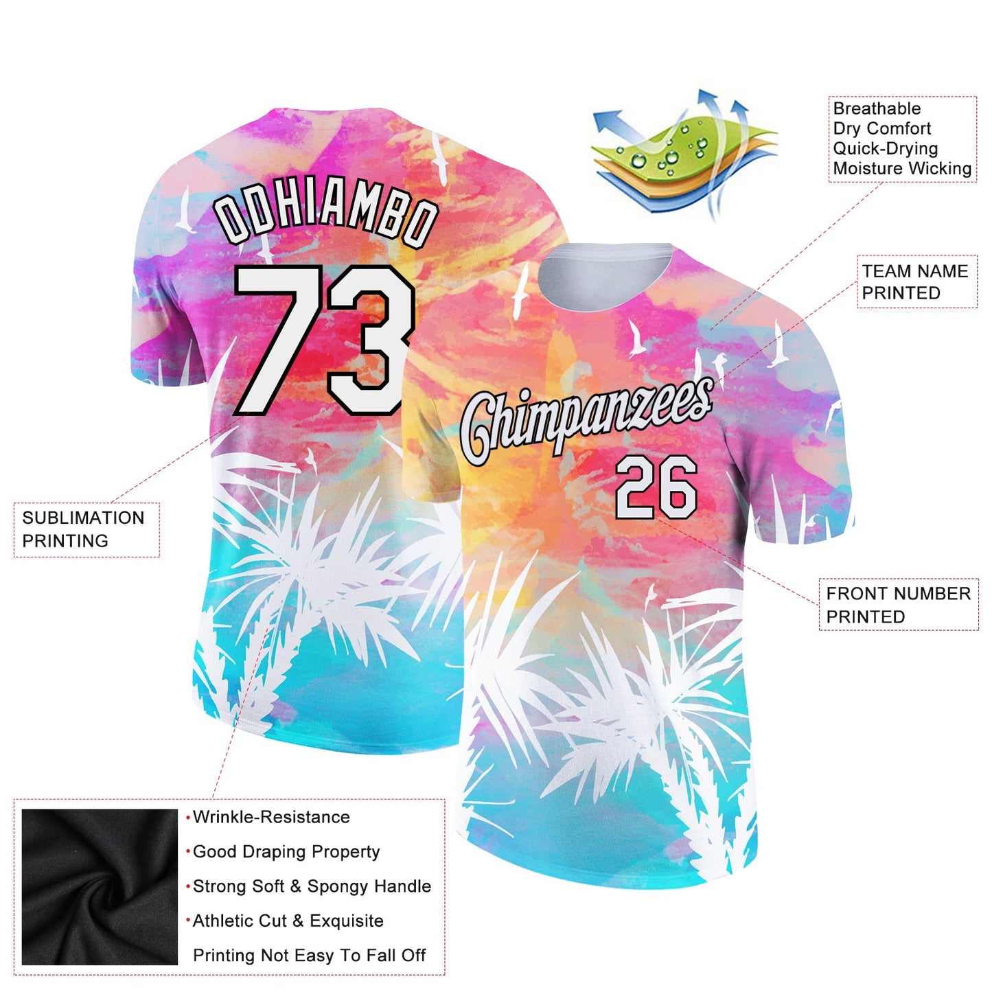 Custom White Black 3D Pattern Design Hawaii Palm Leaves Performance T-Shirt view 2