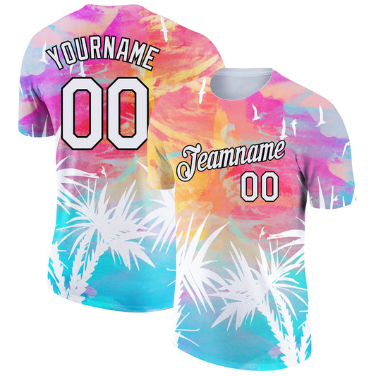 Custom White Black 3D Pattern Design Hawaii Palm Leaves Performance T-Shirt - Main View