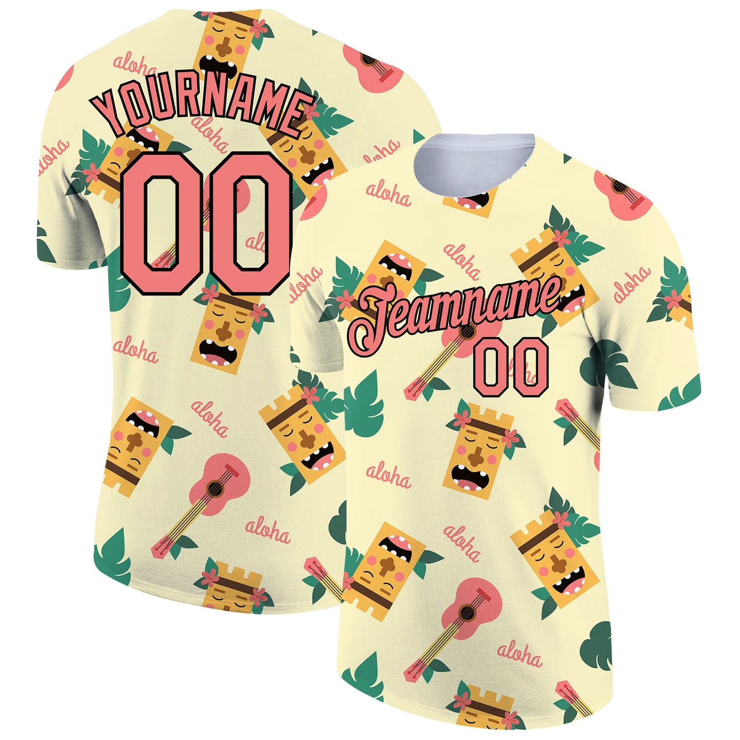 Custom Cream Medium Pink-Black 3D Pattern Design Hawaii Summer Holiday Party Performance T-Shirt - Main View