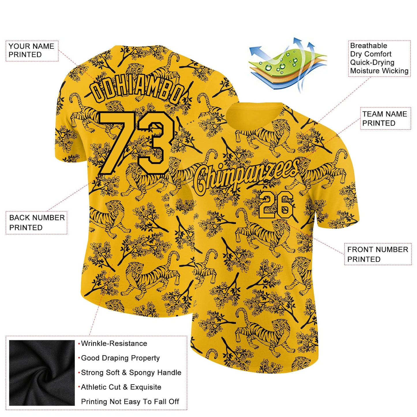 Custom Gold Black 3D Pattern Design Tiger Performance T-Shirt view 2