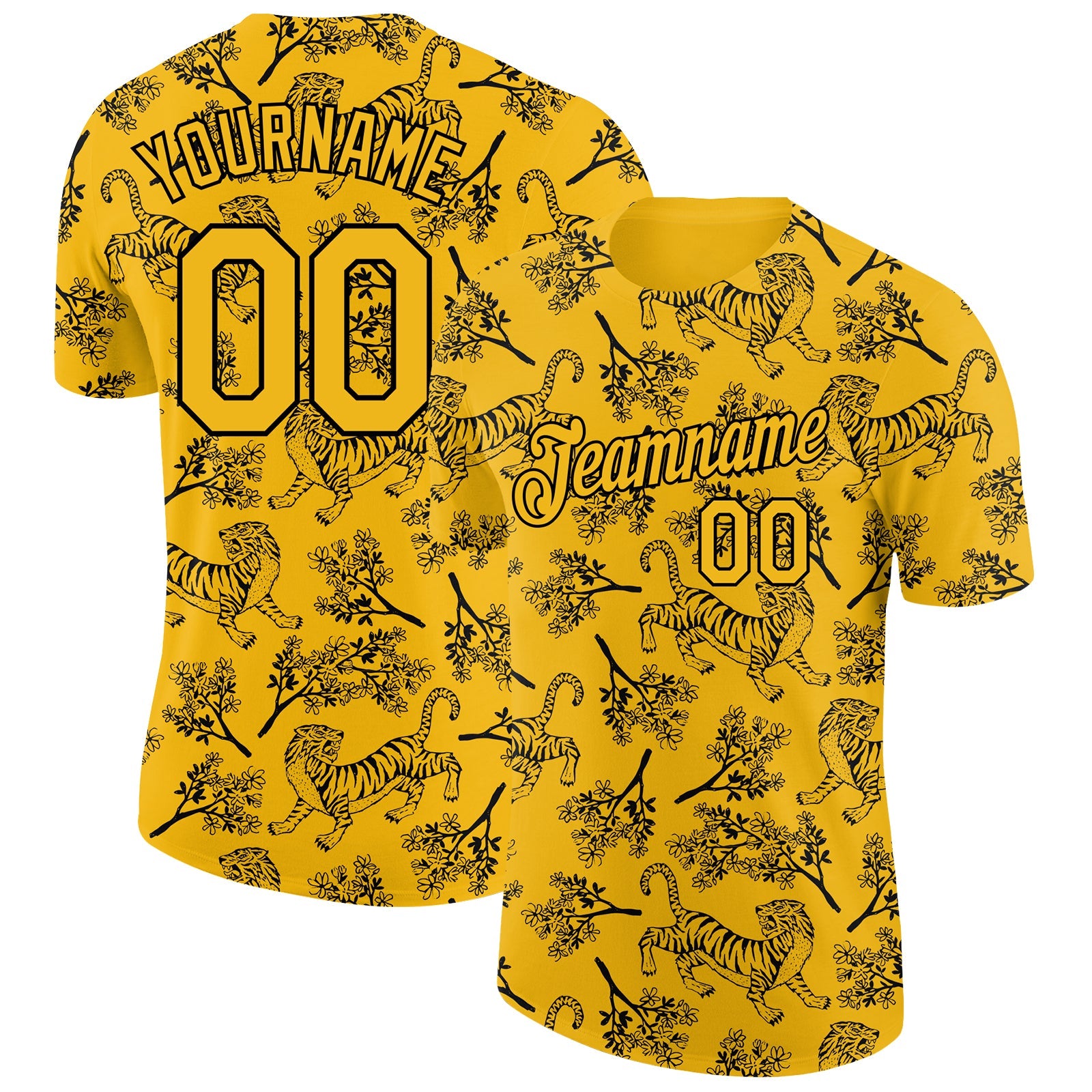 Custom Gold Black 3D Pattern Design Tiger Performance T-Shirt - Main View