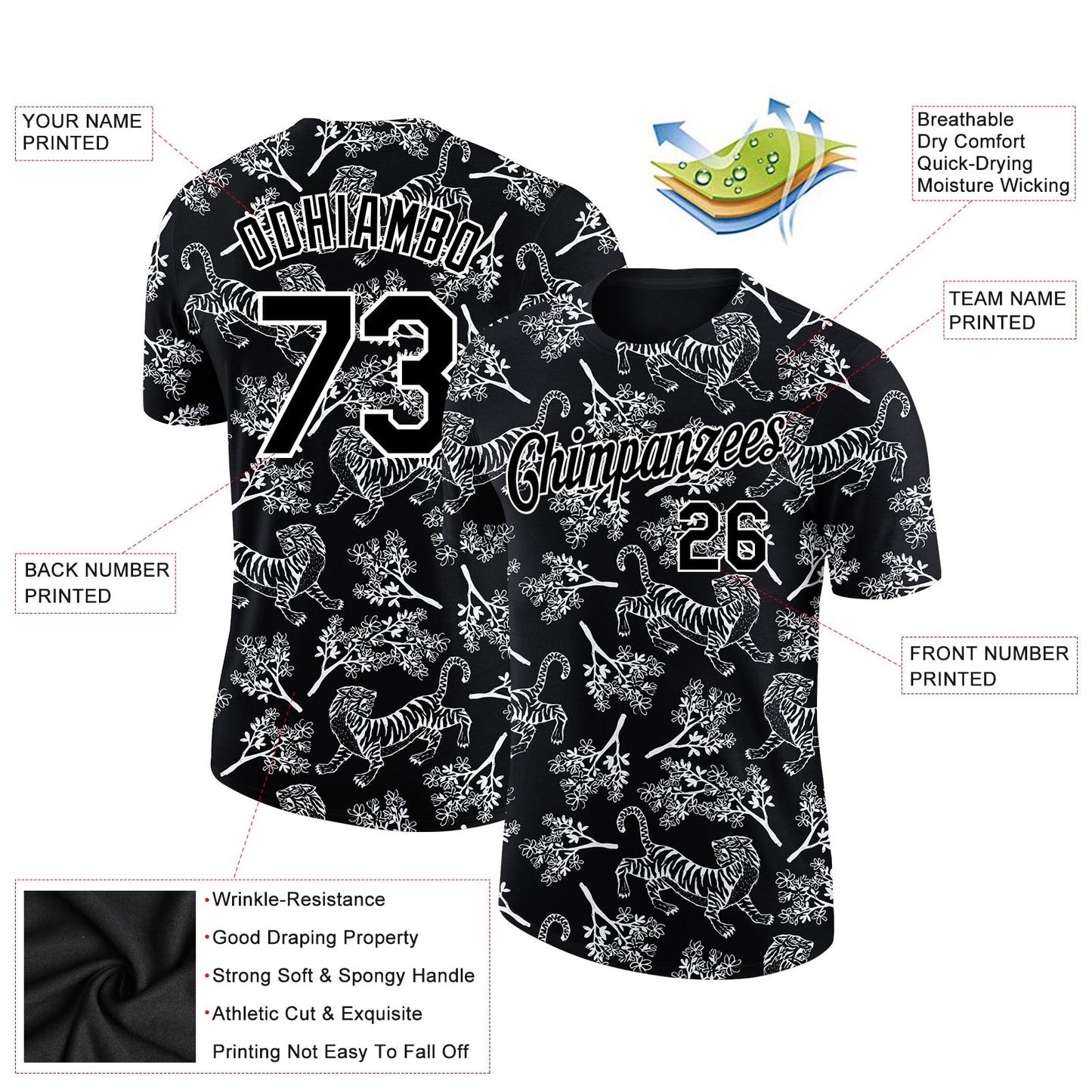 Custom Black White 3D Pattern Design Tiger Performance T-Shirt view 2