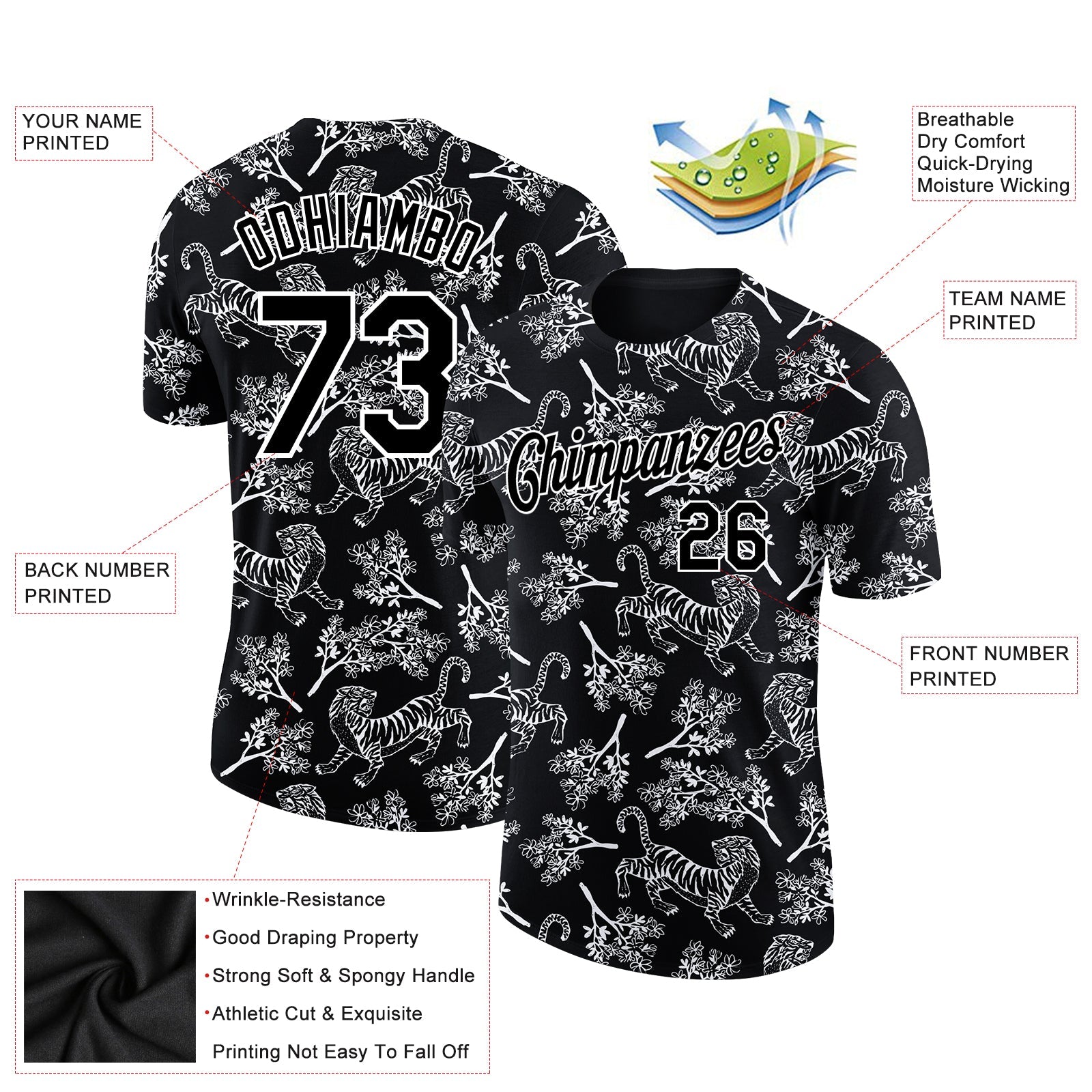 Custom Black White 3D Pattern Design Tiger Performance T-Shirt view 2