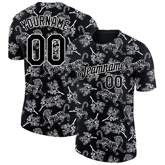 Custom Black White 3D Pattern Design Tiger Performance T-Shirt - Main View