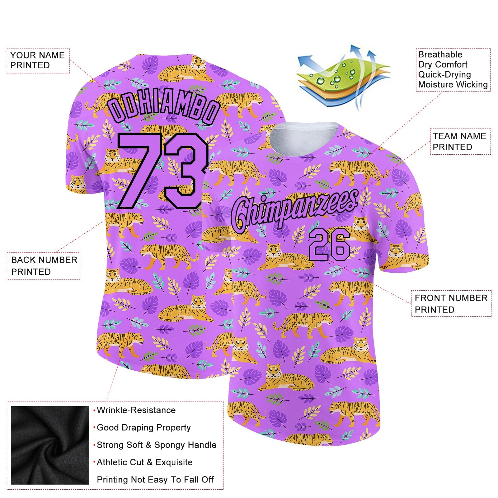 Custom Purple Black 3D Pattern Design Tiger Performance T-Shirt view 2