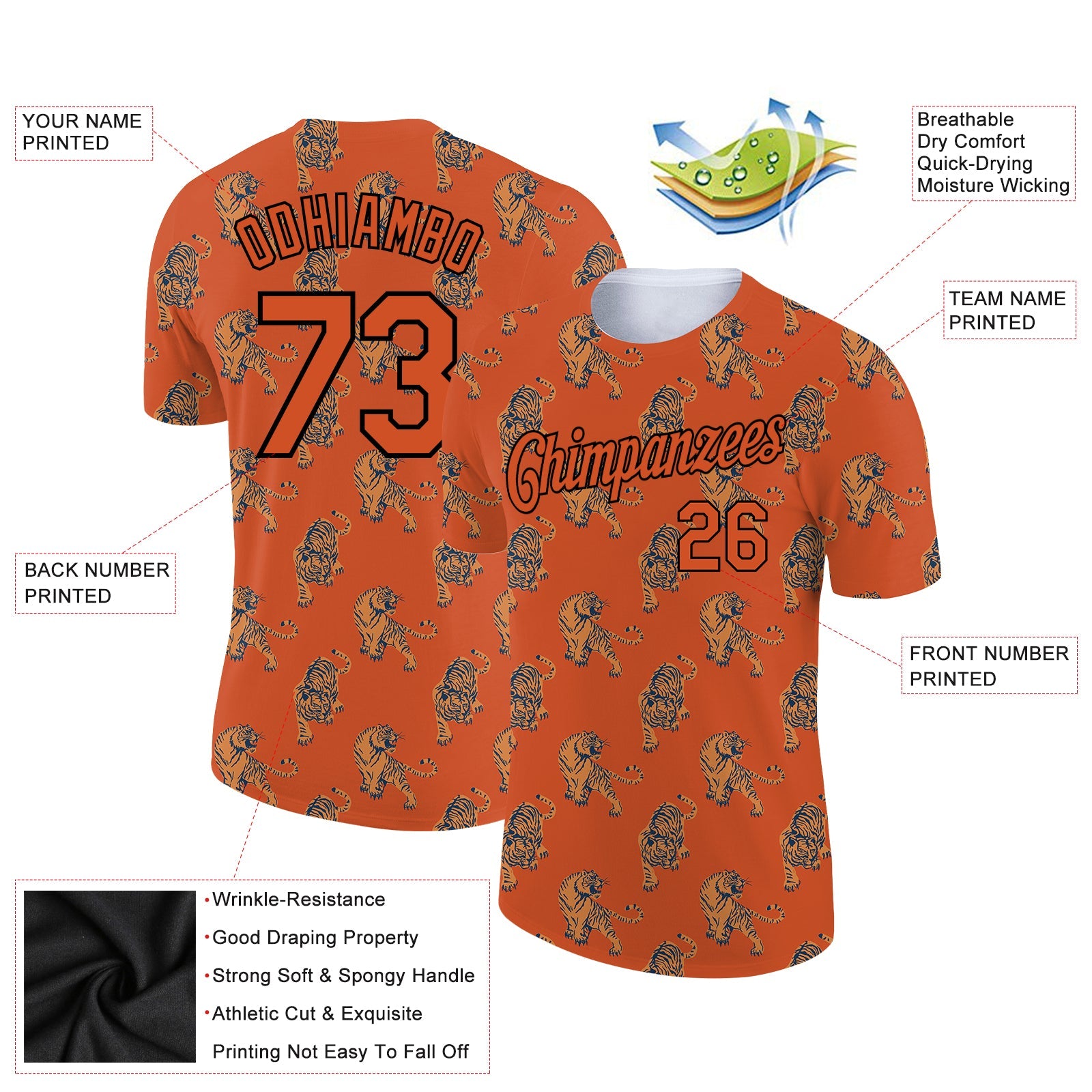 Custom Texas Orange Black 3D Pattern Design Tiger Performance T-Shirt view 2