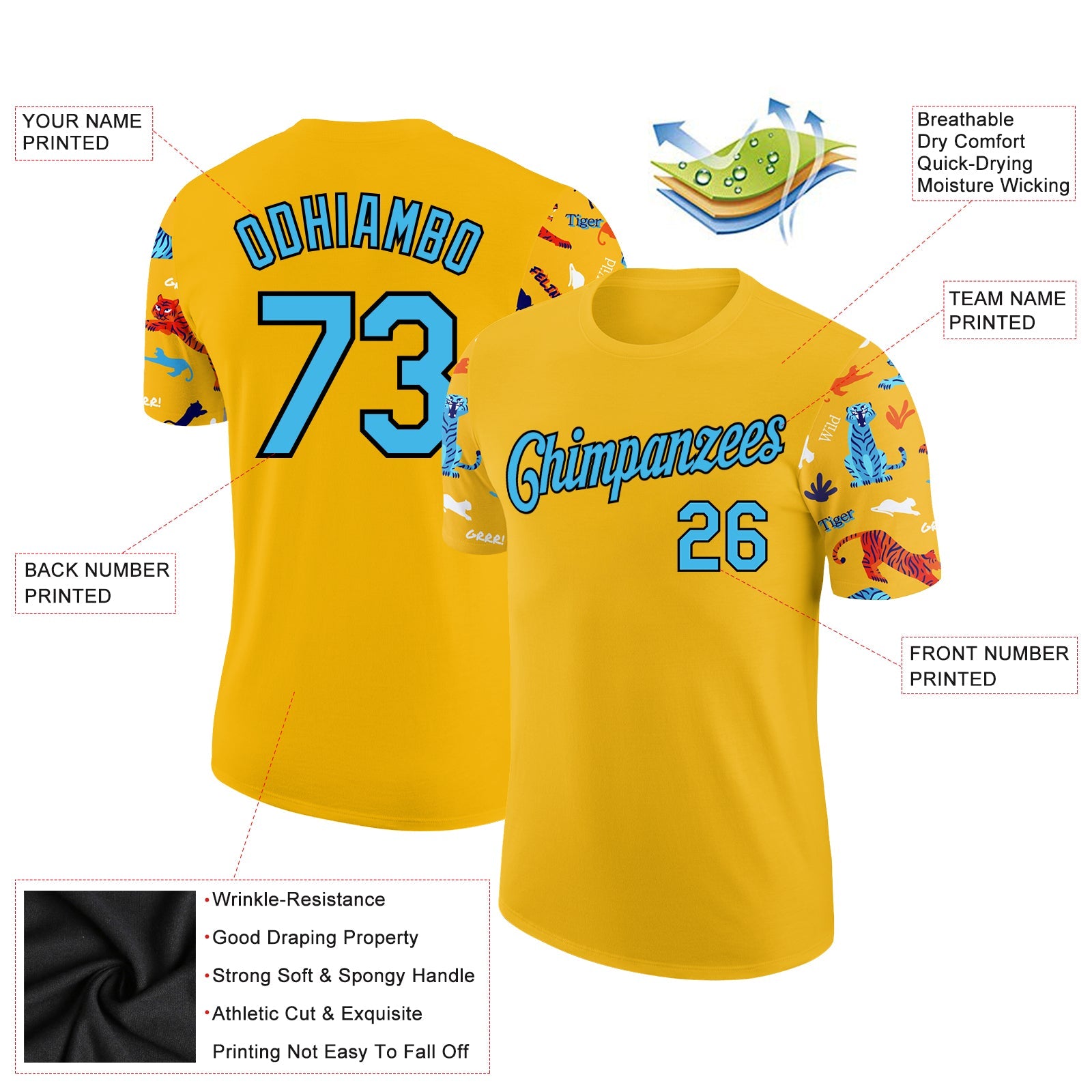 Custom Yellow Sky Blue-Black 3D Pattern Design Tiger Performance T-Shirt view 2