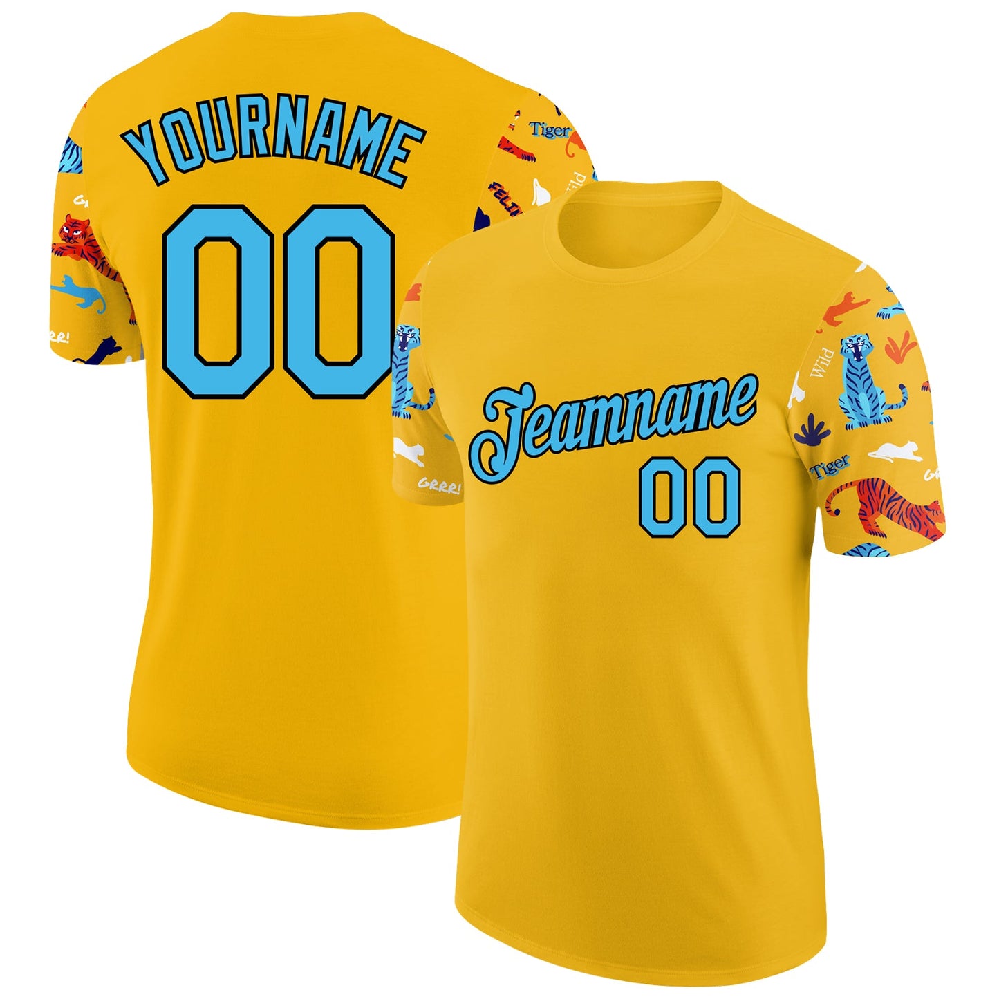 Custom Yellow Sky Blue-Black 3D Pattern Design Tiger Performance T-Shirt - Main View