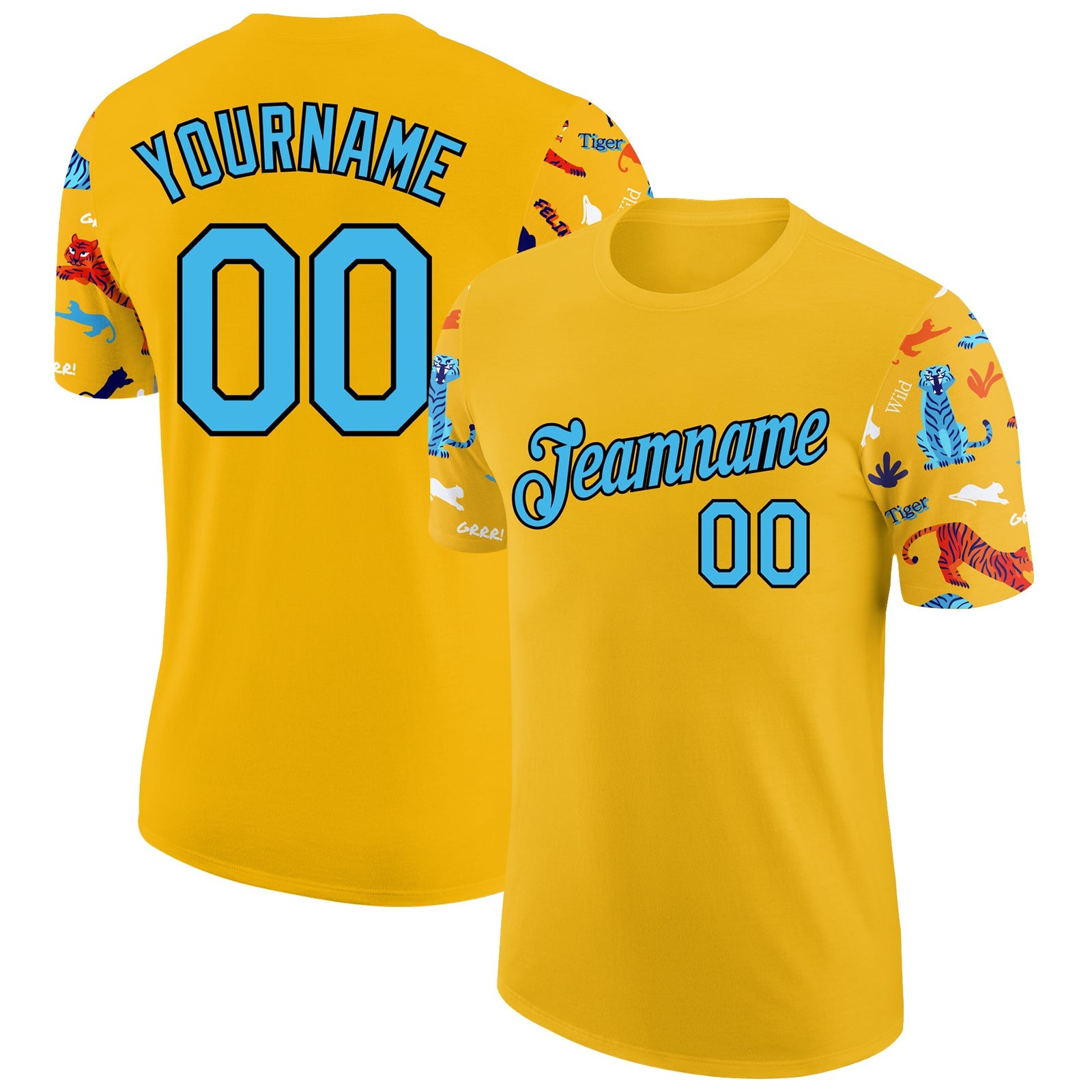 Custom Yellow Sky Blue-Black 3D Pattern Design Tiger Performance T-Shirt - Main View