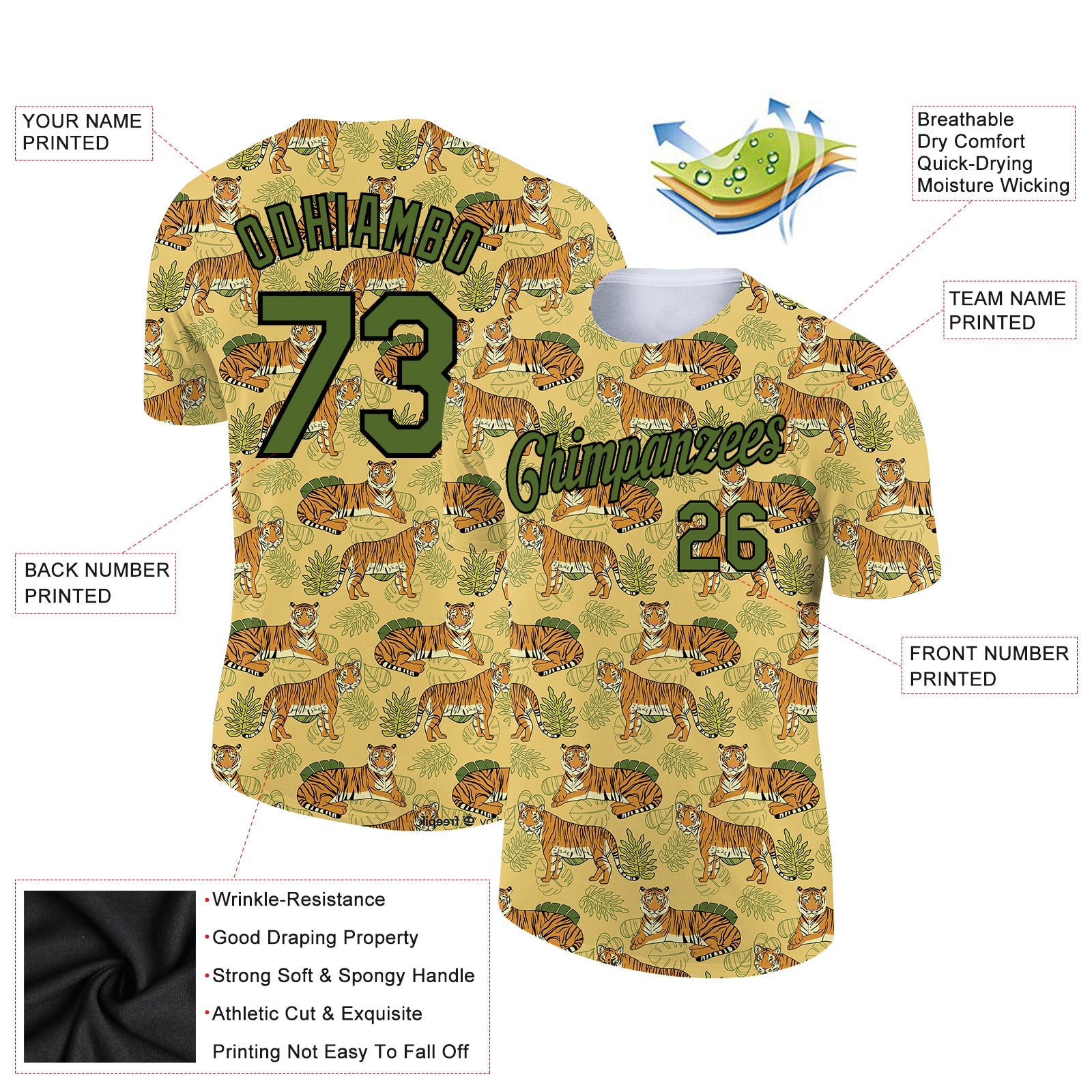 Custom Gold Olive-Black 3D Pattern Design Tiger Performance T-Shirt view 2