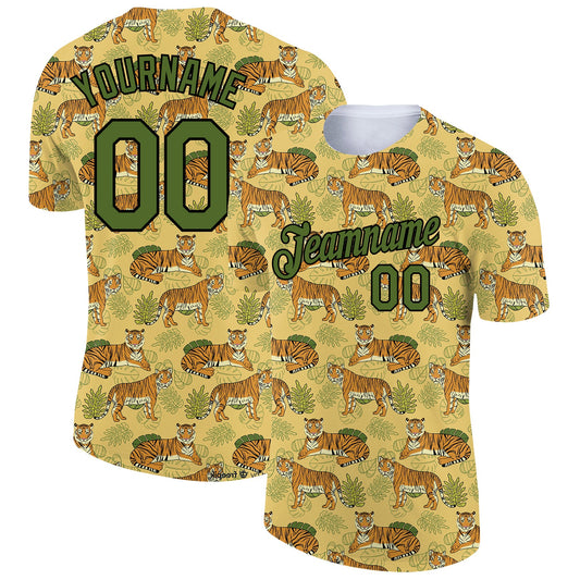 Custom Gold Olive-Black 3D Pattern Design Tiger Performance T-Shirt - Main View