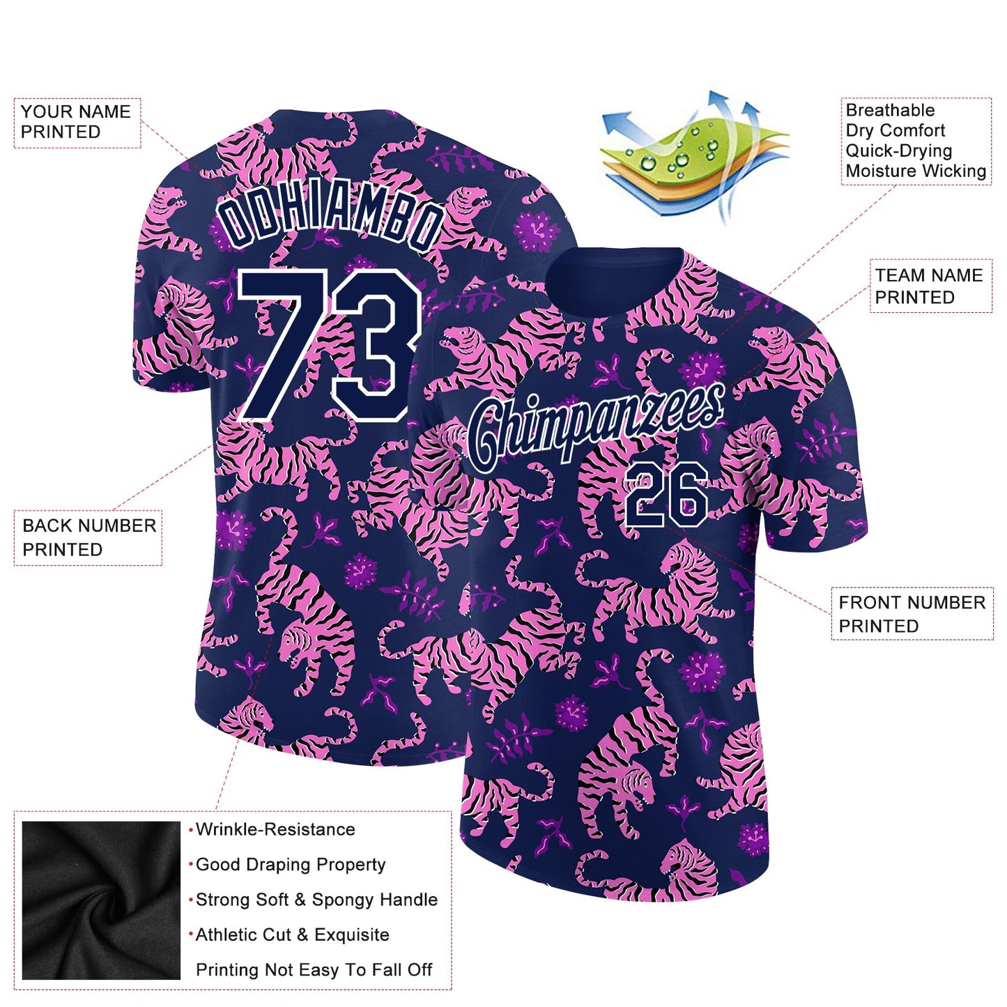 Custom Navy White 3D Pattern Design Tiger Performance T-Shirt view 2