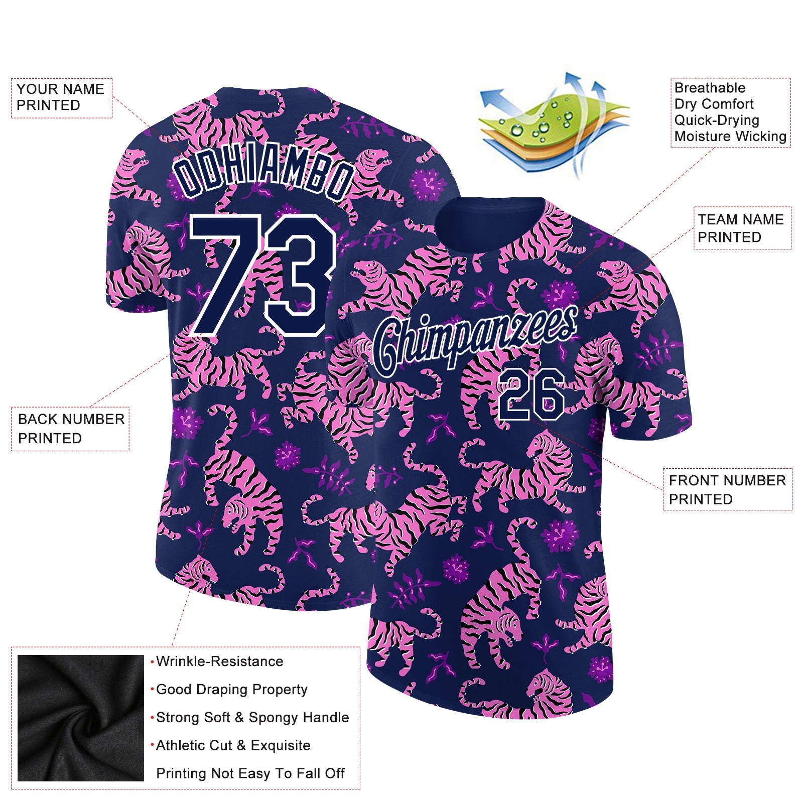 Custom Navy White 3D Pattern Design Tiger Performance T-Shirt view 2
