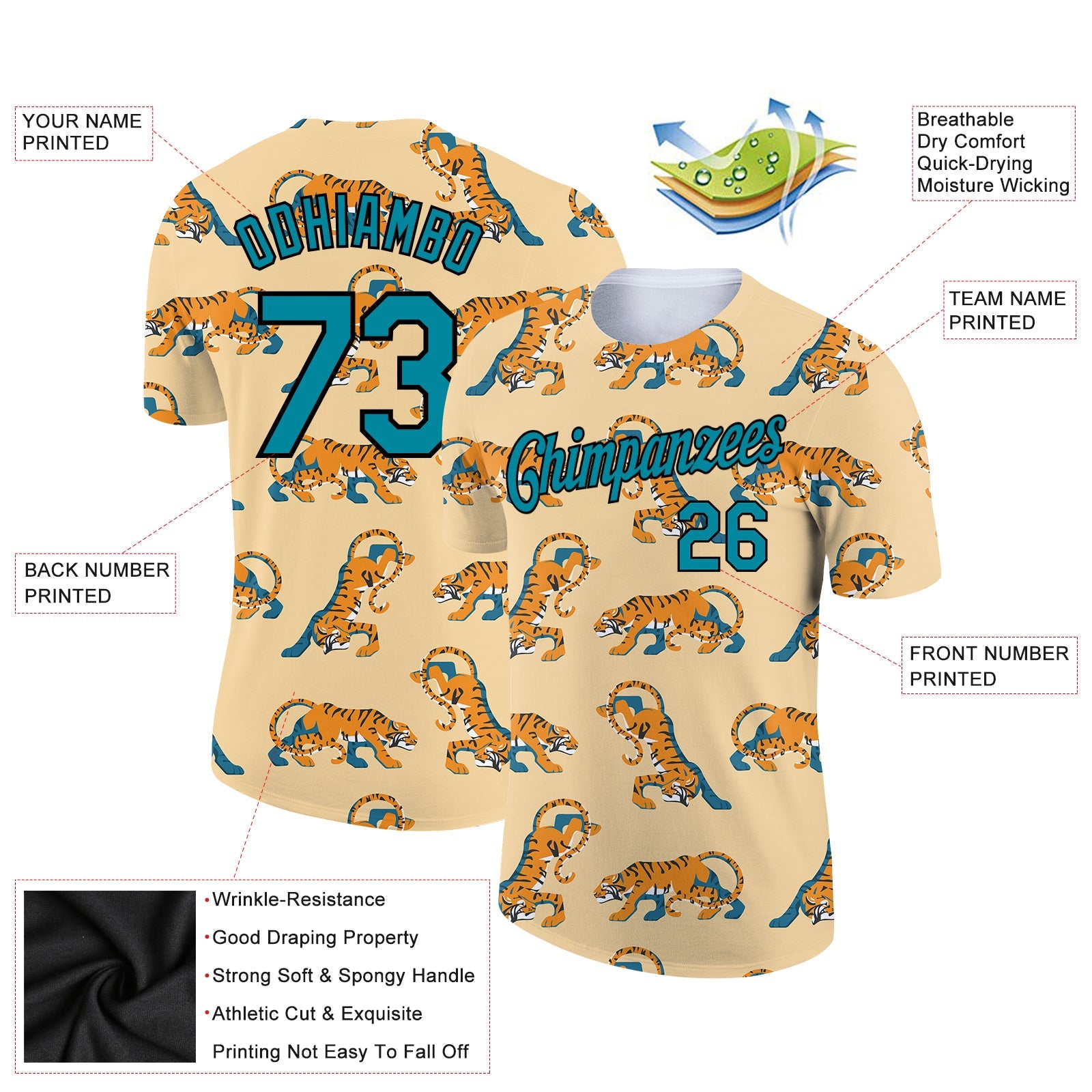 Custom City Cream Teal-Black 3D Pattern Design Tiger Performance T-Shirt view 2