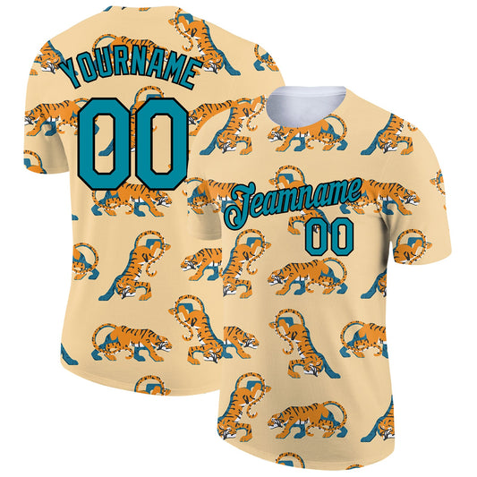 Custom City Cream Teal-Black 3D Pattern Design Tiger Performance T-Shirt - Main View