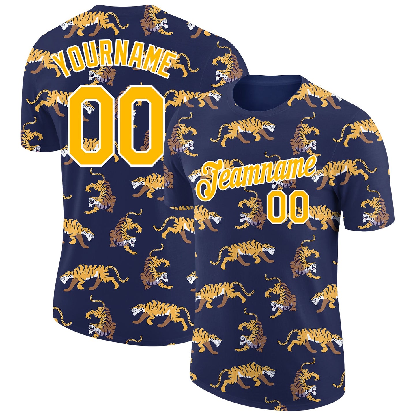 Custom Navy Gold-White 3D Pattern Design Tiger Performance T-Shirt - Main View