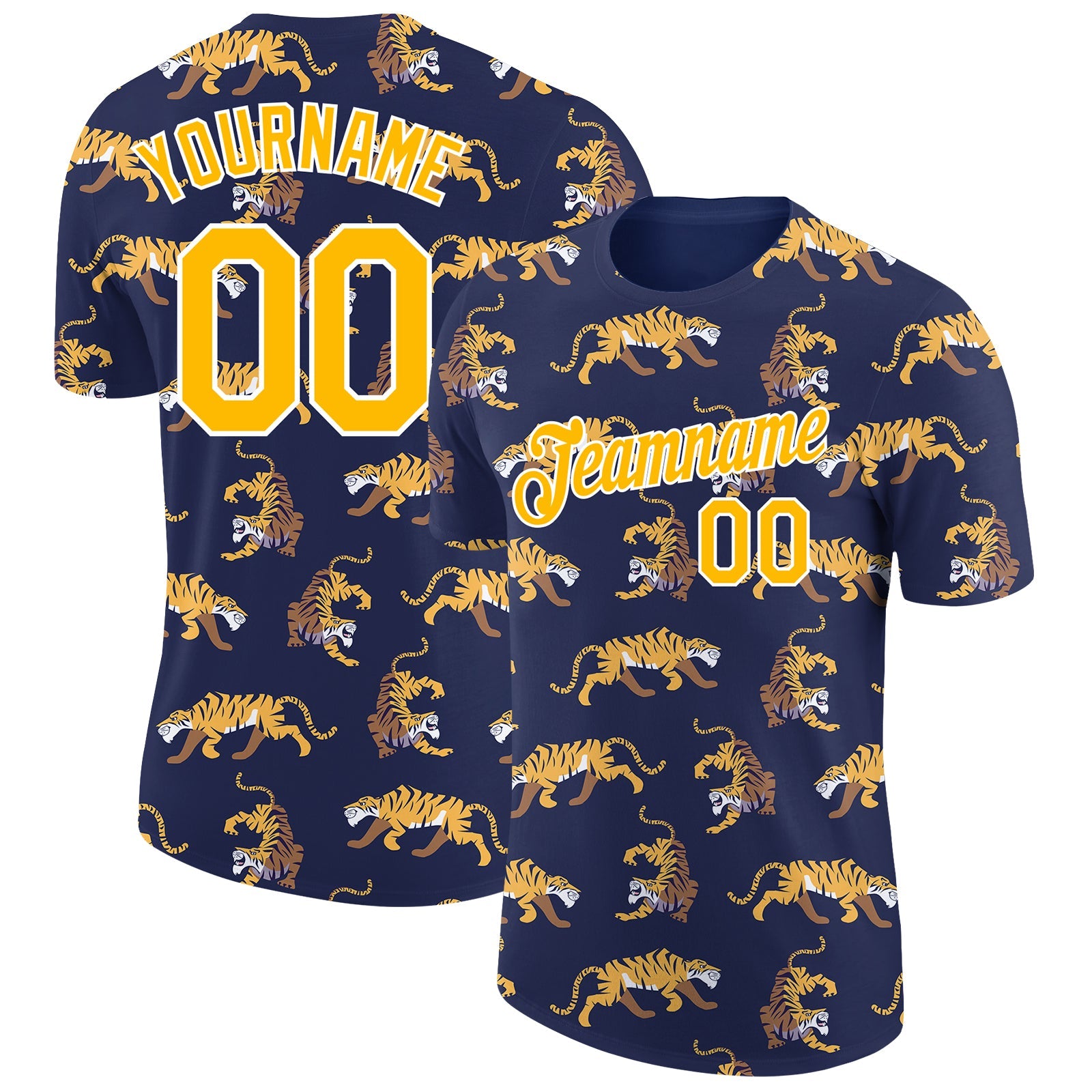 Custom Navy Gold-White 3D Pattern Design Tiger Performance T-Shirt - Main View