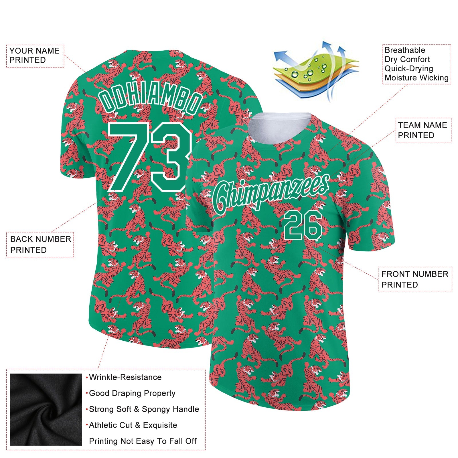 Custom Kelly Green White 3D Pattern Design Tiger Performance T-Shirt view 2